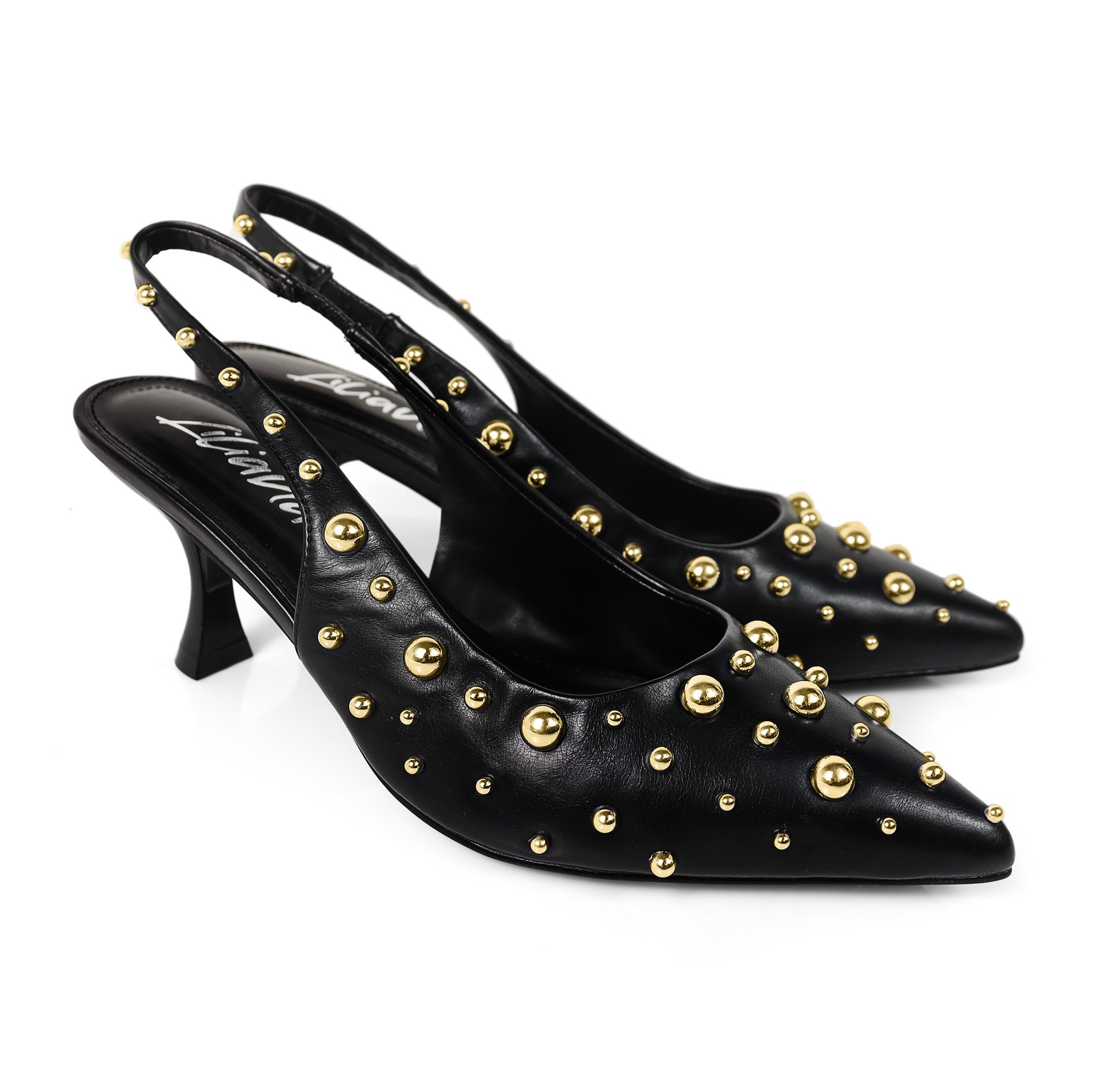 SHERRY-1 POINTY TOE STUDDED KITTEN HEEL BLACK