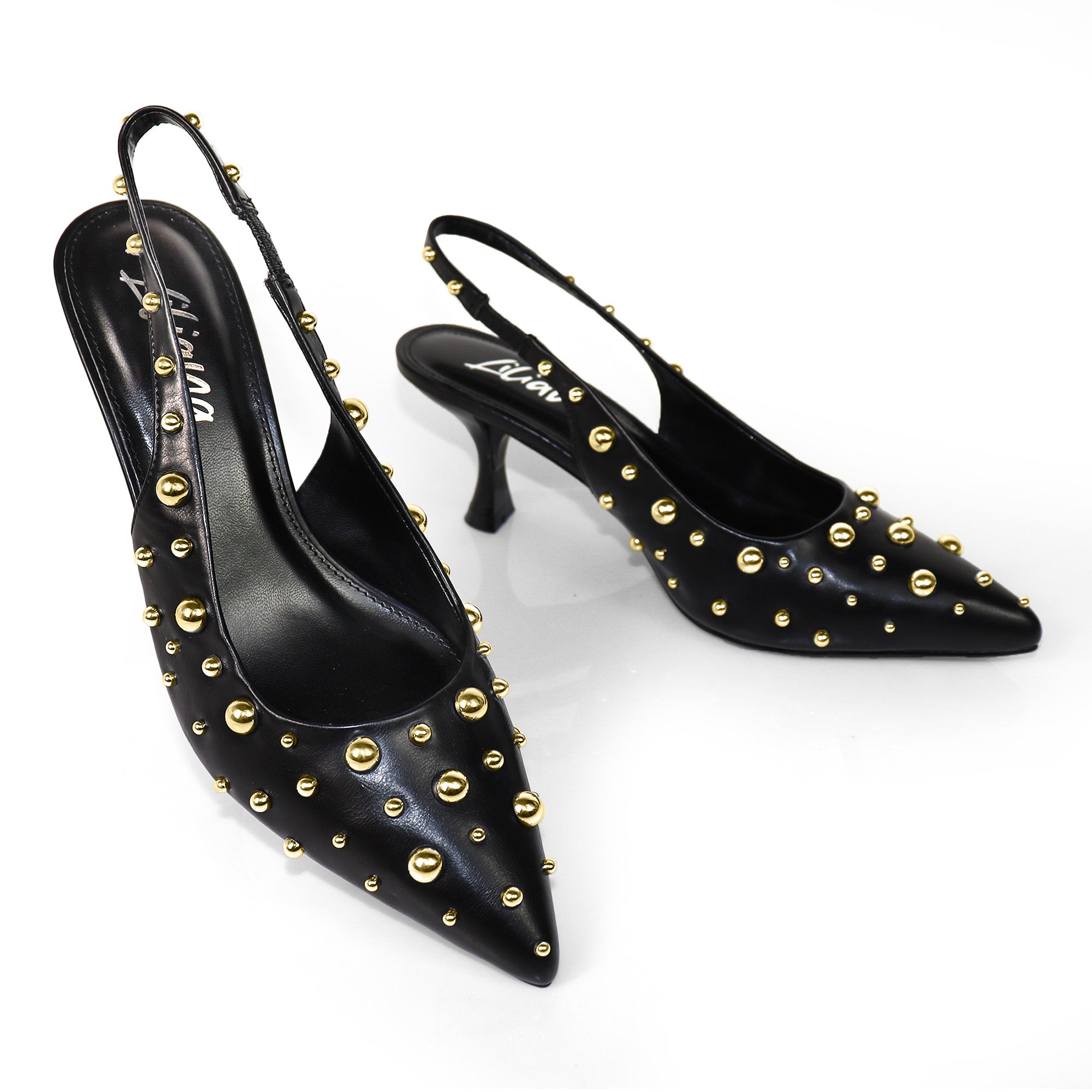 SHERRY-1 POINTY TOE STUDDED KITTEN HEEL BLACK