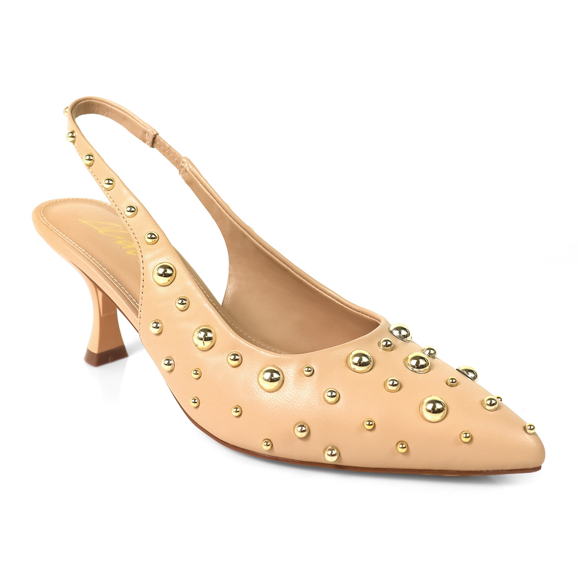 SHERRY-1 POINTY TOE STUDDED KITTEN HEEL NUDE