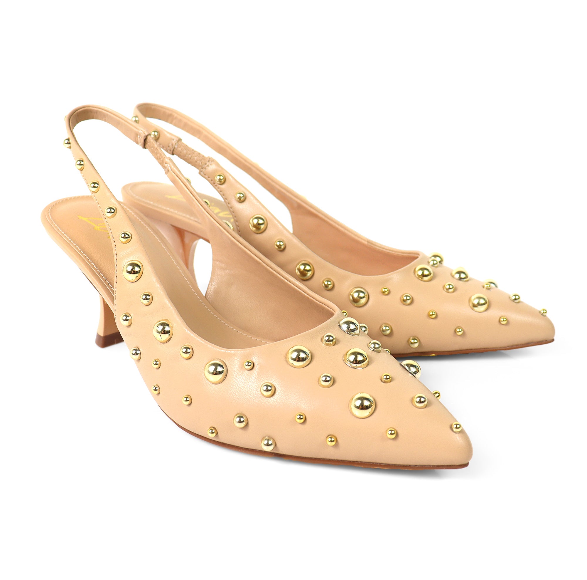 SHERRY-1 POINTY TOE STUDDED KITTEN HEEL NUDE