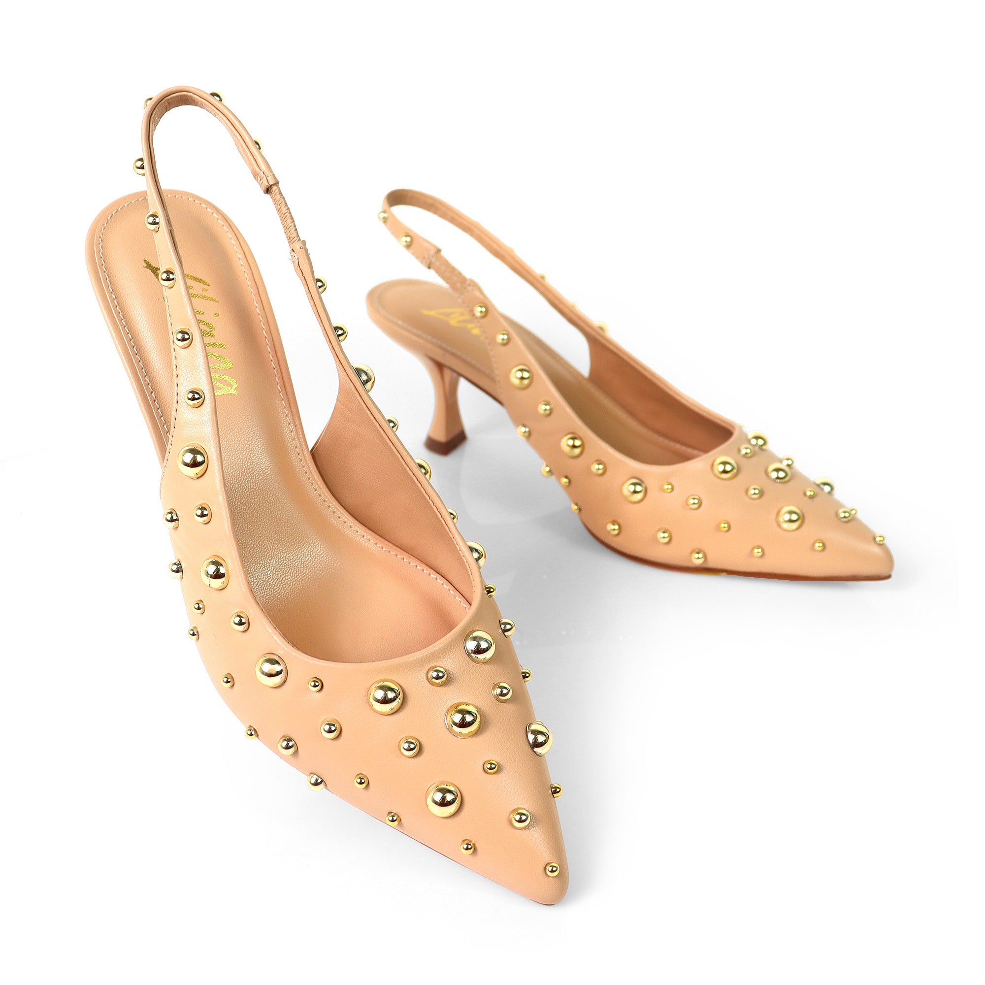 SHERRY-1 POINTY TOE STUDDED KITTEN HEEL NUDE