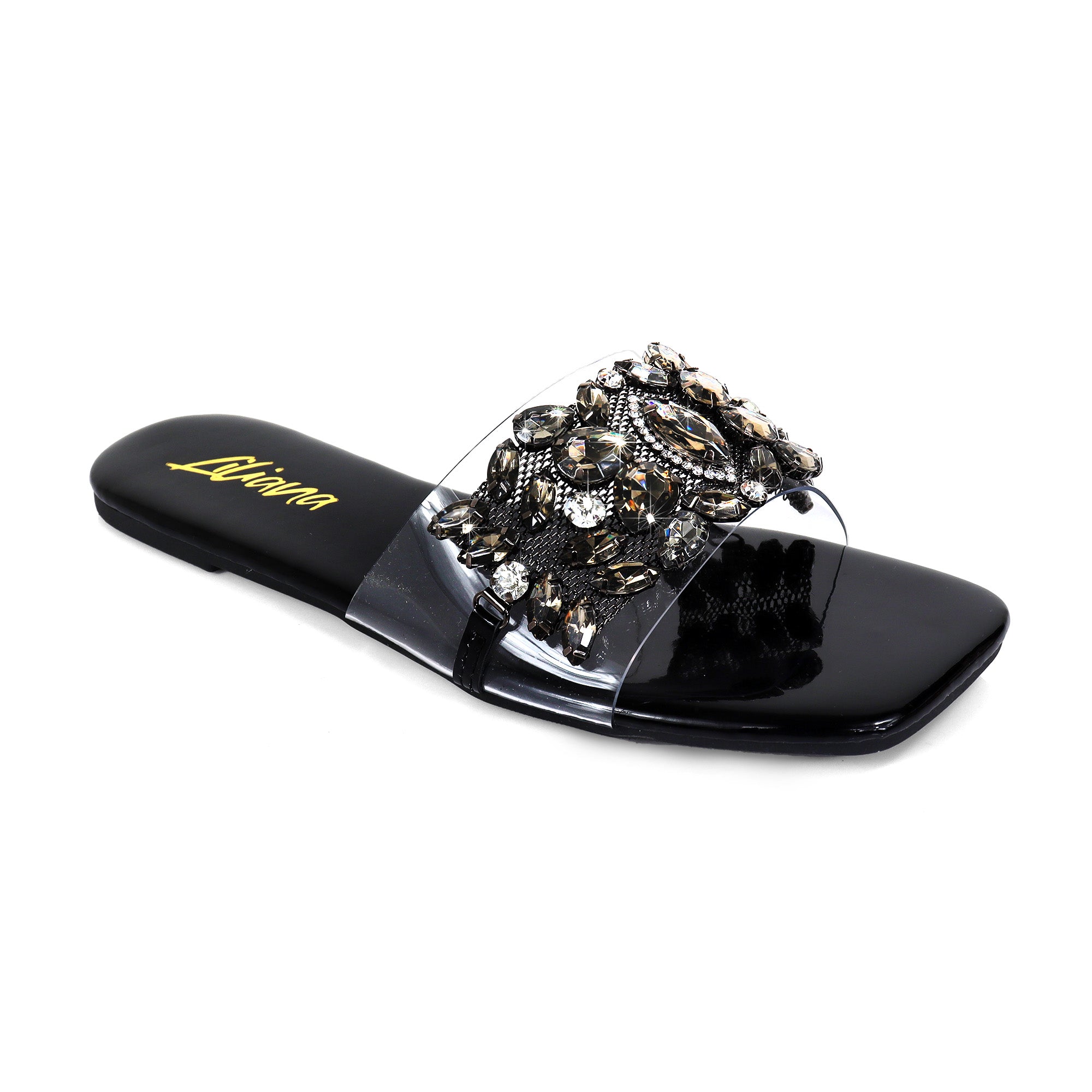 SHINEE-142 SQUARED TOE RHINSTONE SANDAL BLACK