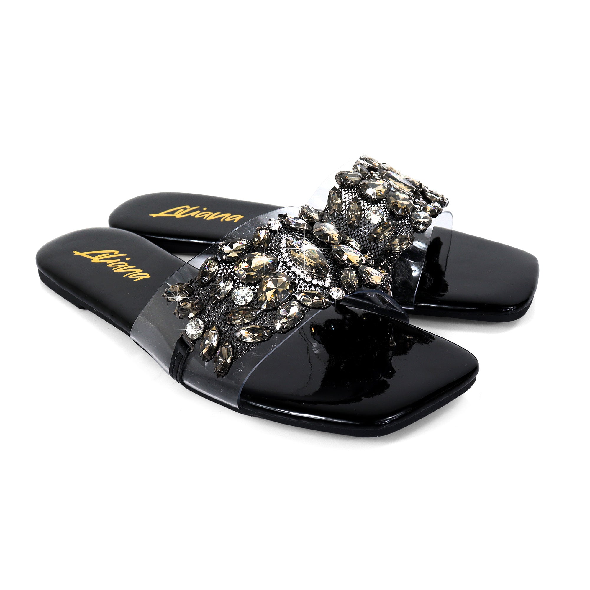 SHINEE-142 SQUARED TOE RHINSTONE SANDAL BLACK