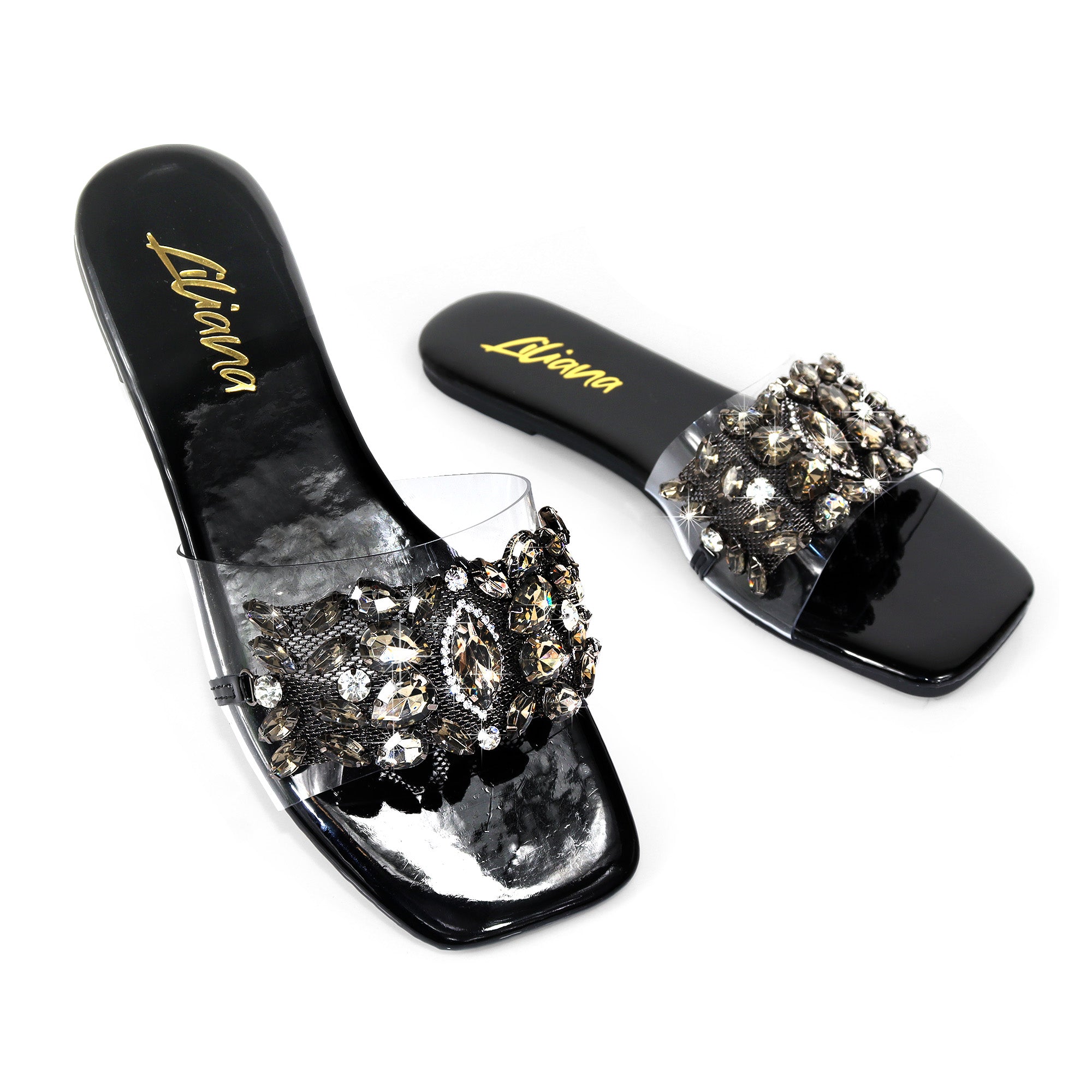 SHINEE-142 SQUARED TOE RHINSTONE SANDAL BLACK