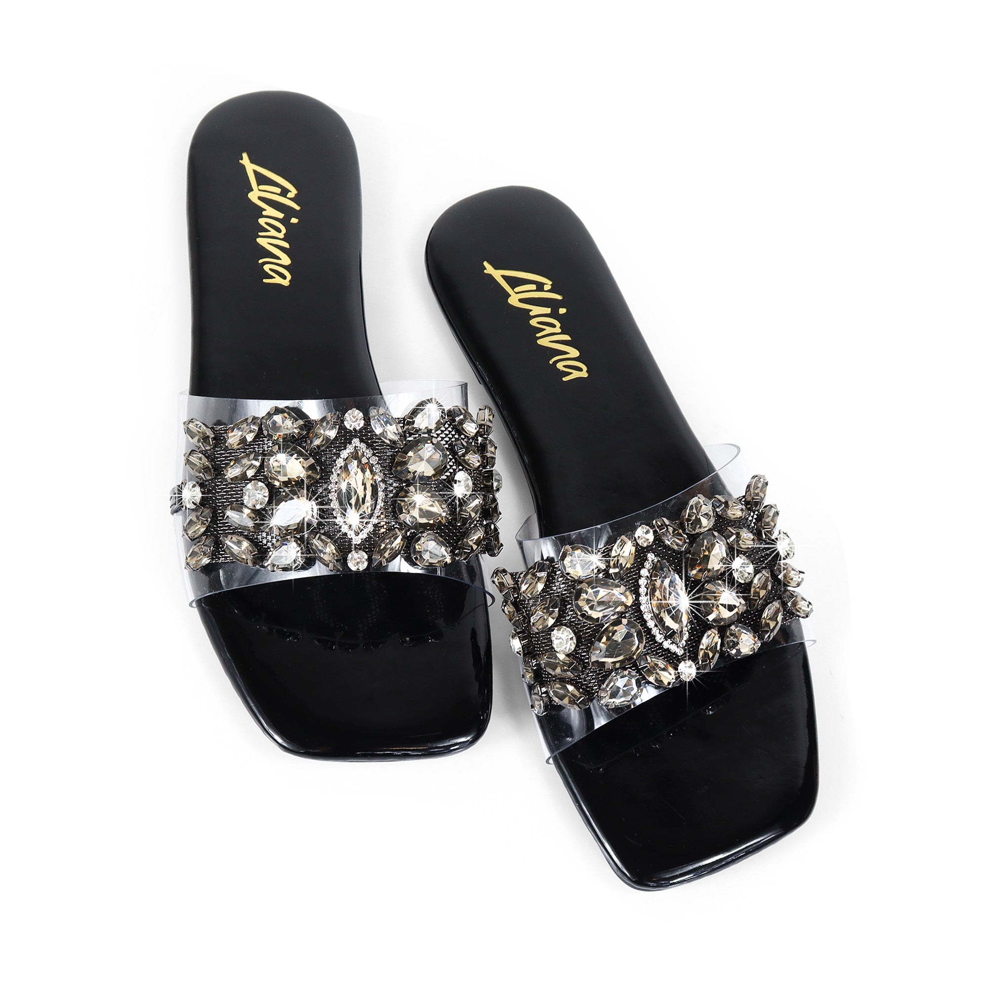 SHINEE-142 SQUARED TOE RHINSTONE SANDAL BLACK