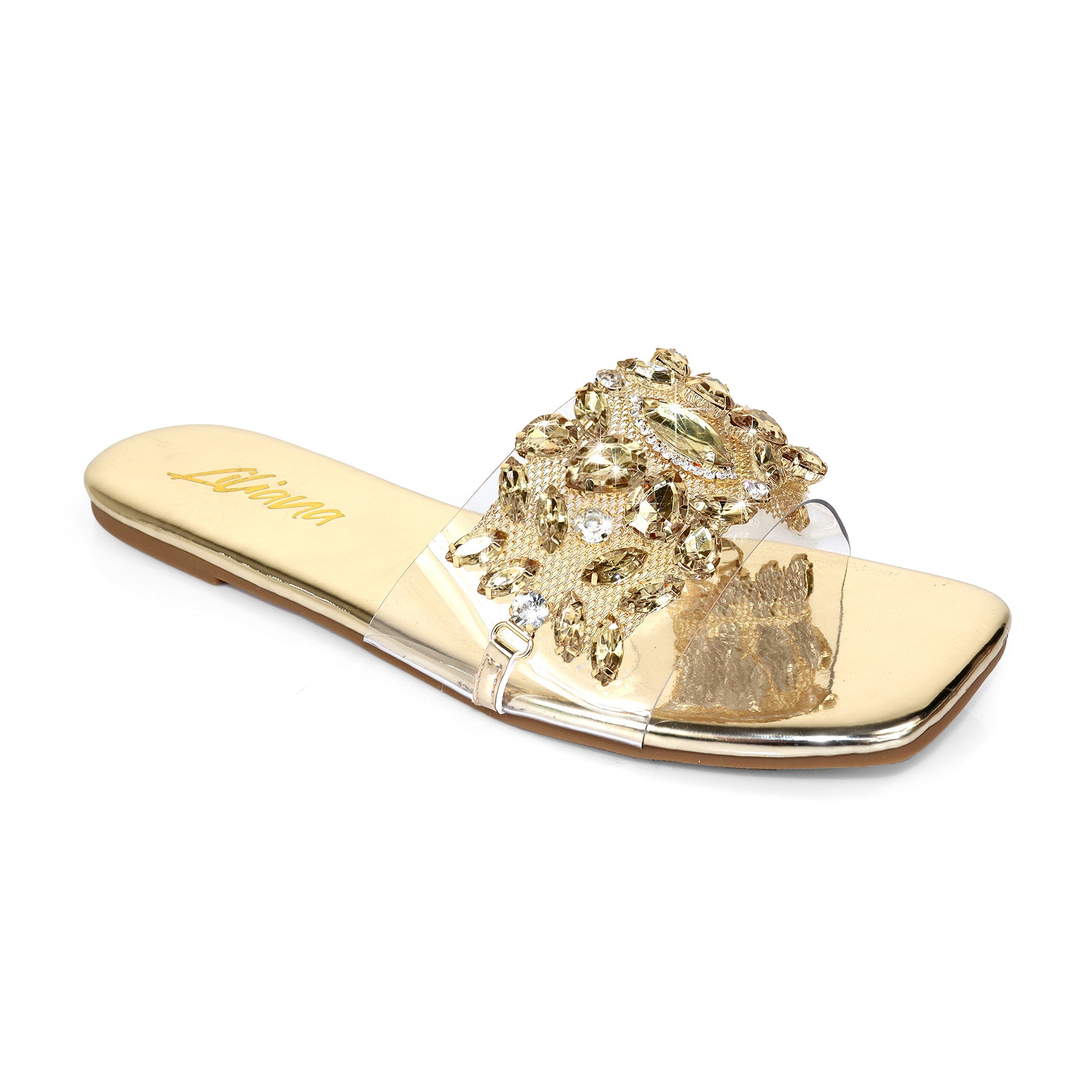 SHINEE-142 SQUARED TOE RHINSTONE SANDAL GOLD
