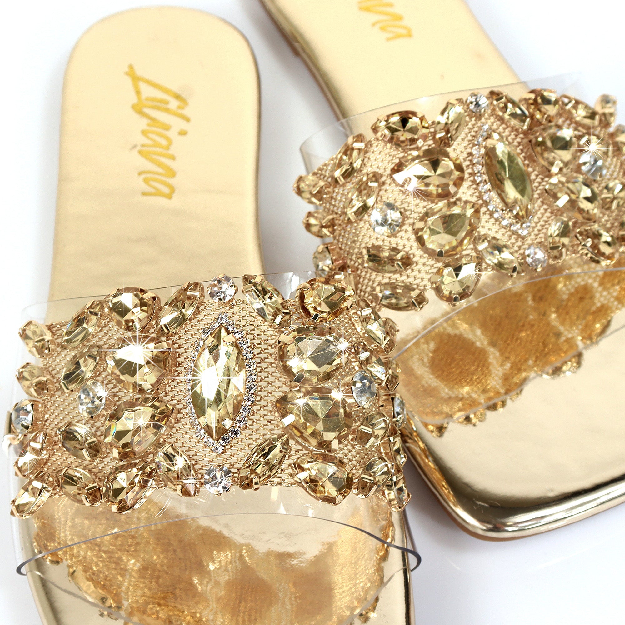SHINEE-142 SQUARED TOE RHINSTONE SANDAL GOLD