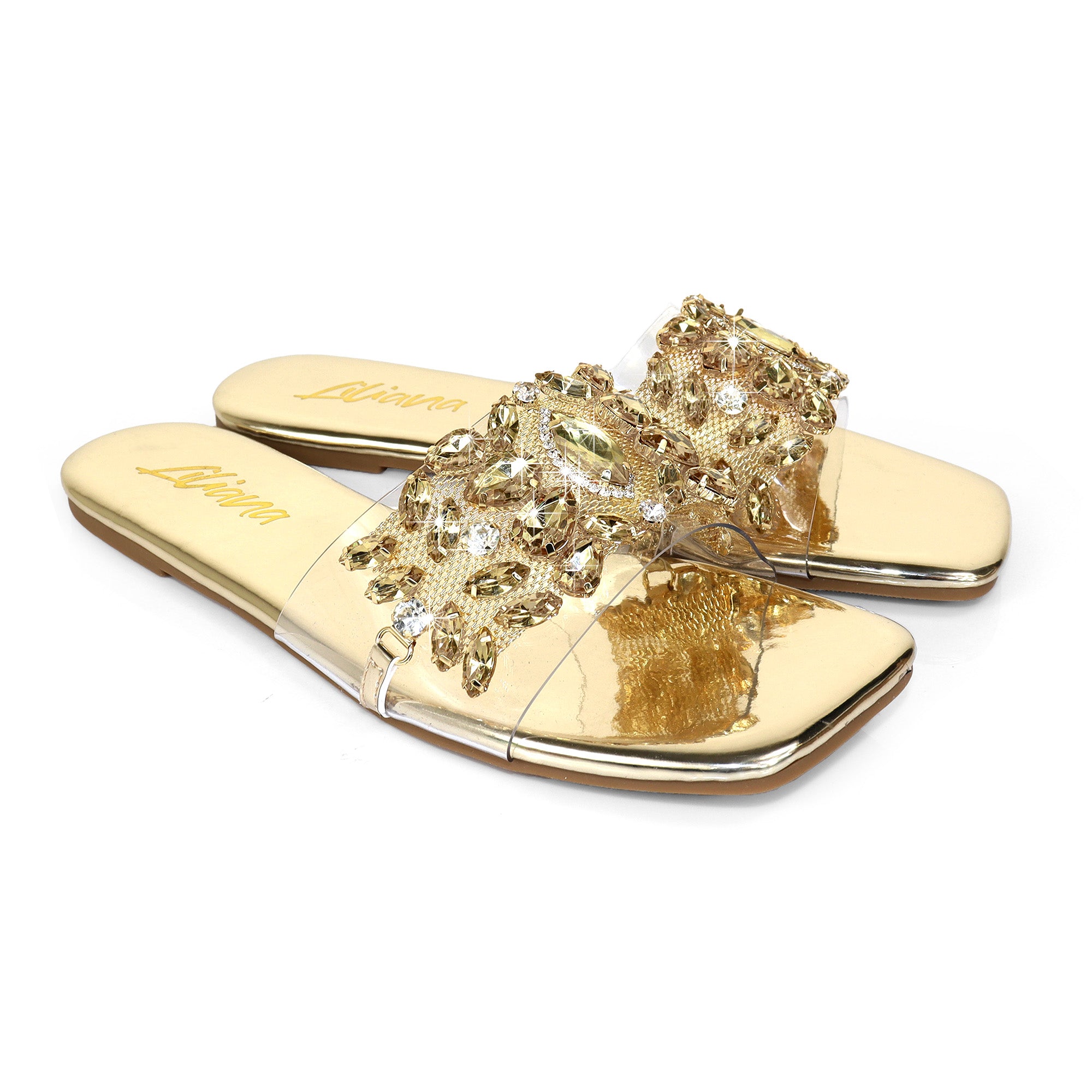 SHINEE-142 SQUARED TOE RHINSTONE SANDAL GOLD