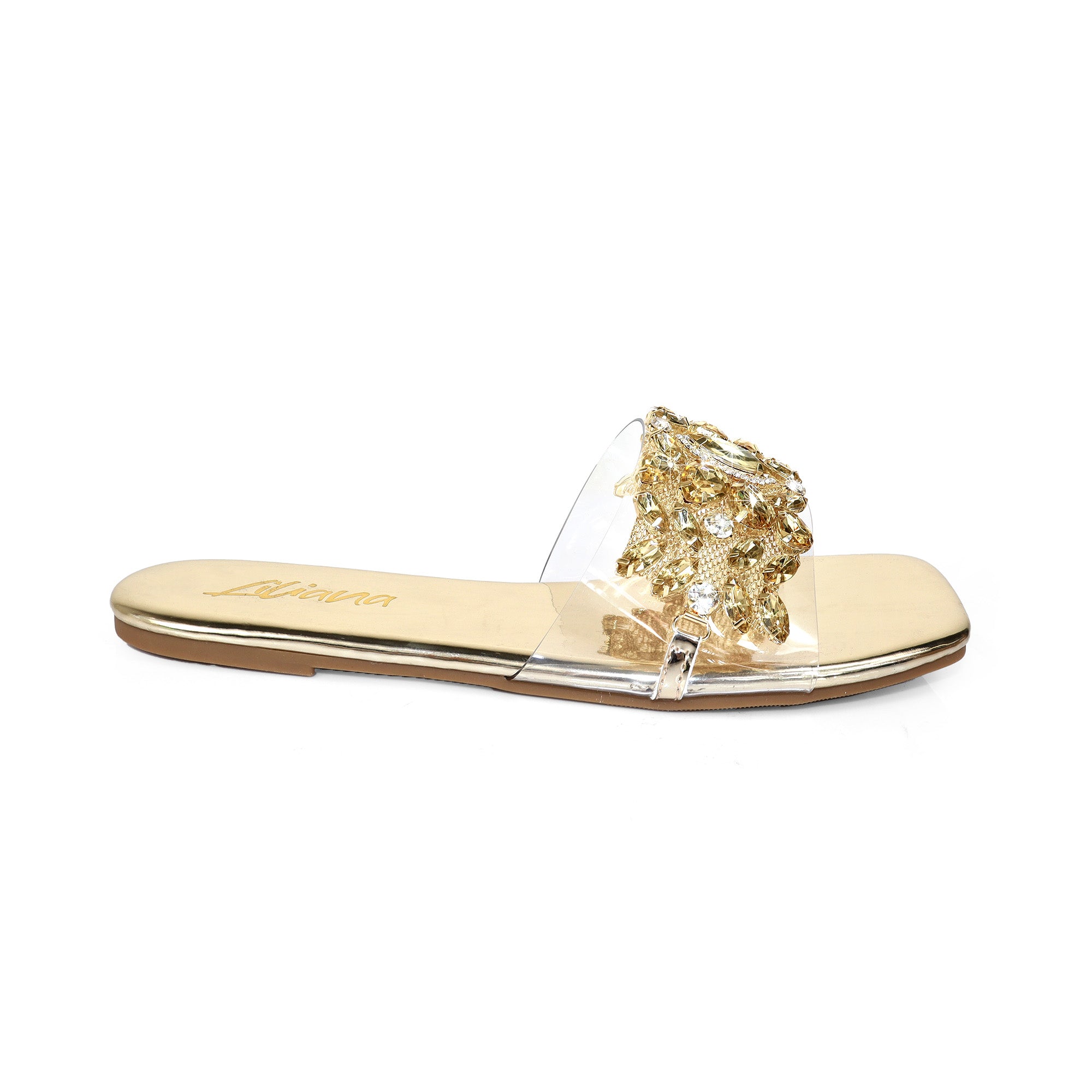 SHINEE-142 SQUARED TOE RHINSTONE SANDAL GOLD