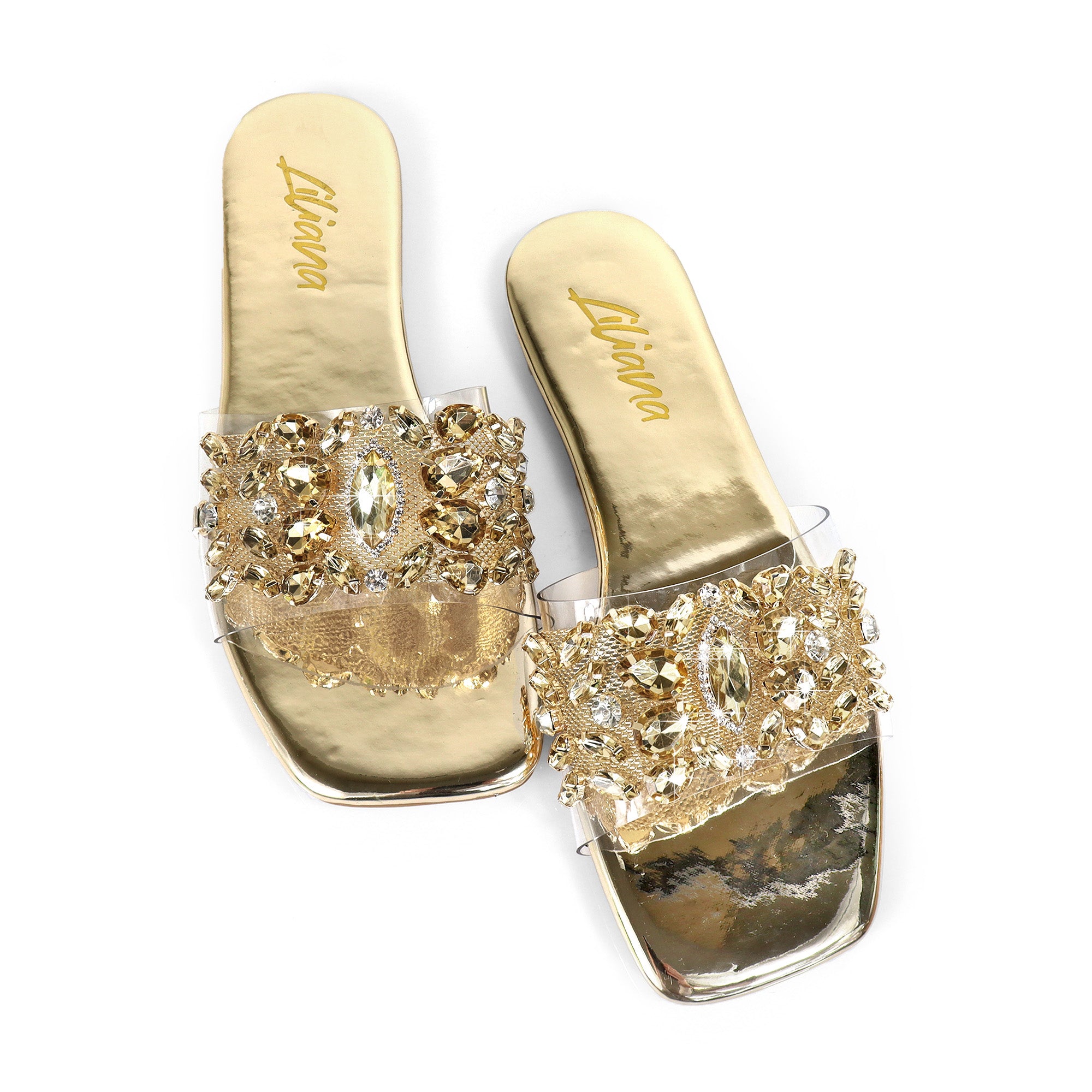 SHINEE-142 SQUARED TOE RHINSTONE SANDAL GOLD