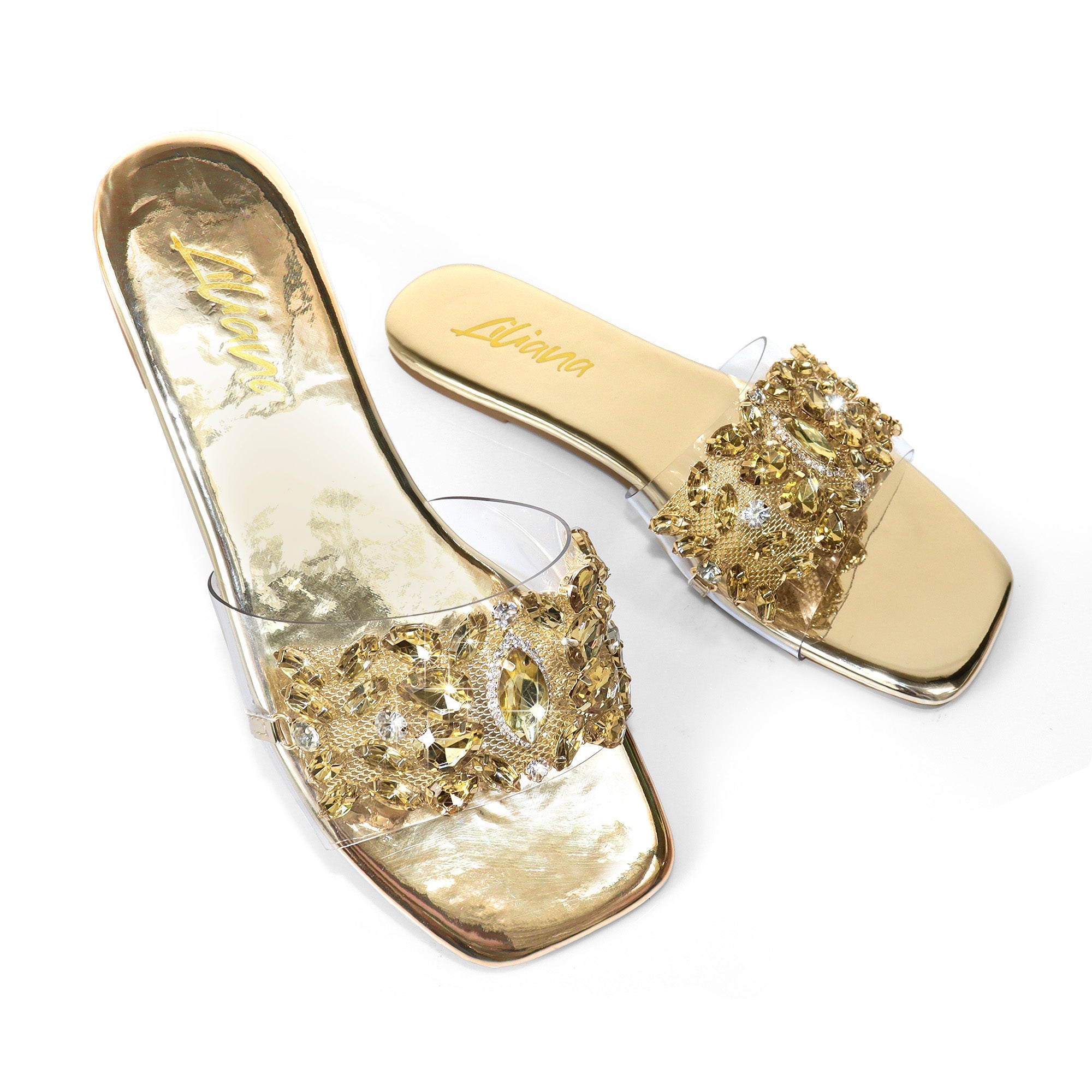 SHINEE-142 SQUARED TOE RHINSTONE SANDAL GOLD