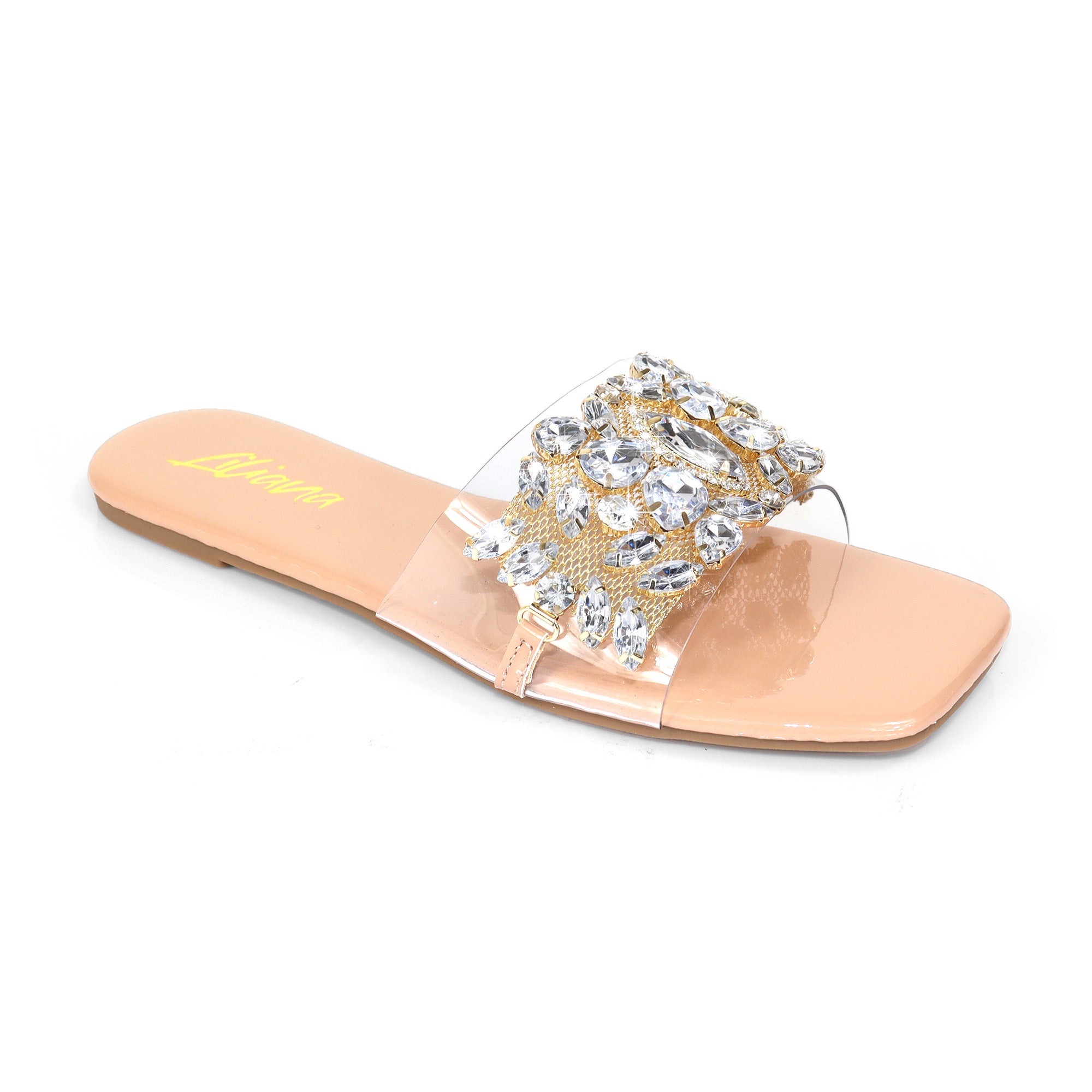 SHINEE-142 SQUARED TOE RHINSTONE SANDAL NUDE