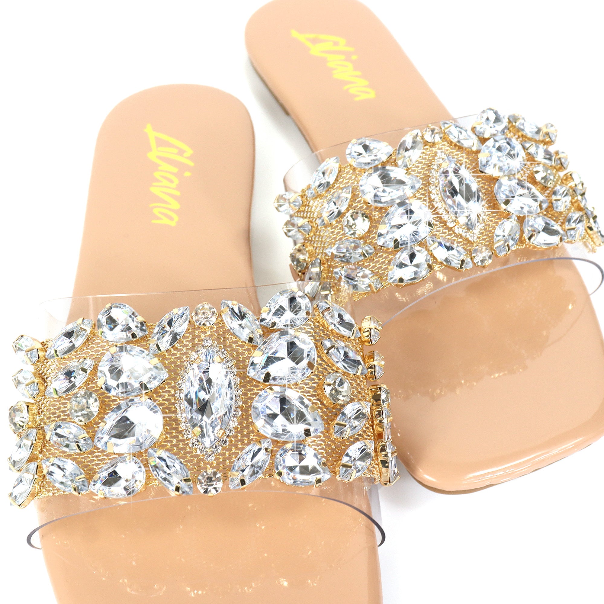 SHINEE-142 SQUARED TOE RHINSTONE SANDAL NUDE