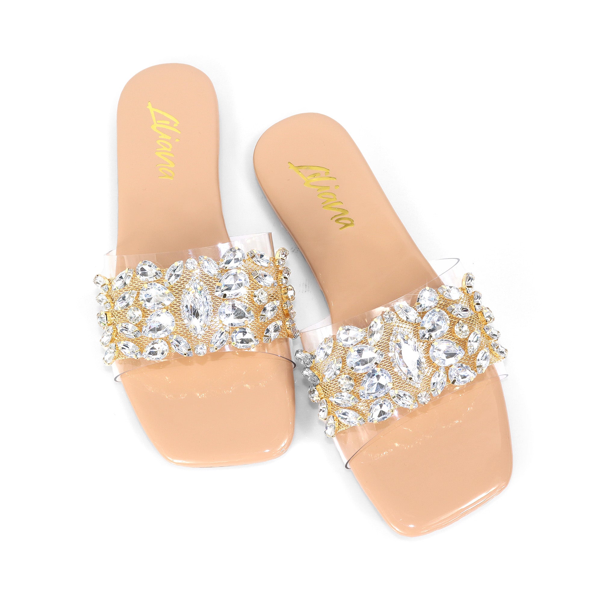 SHINEE-142 SQUARED TOE RHINSTONE SANDAL NUDE