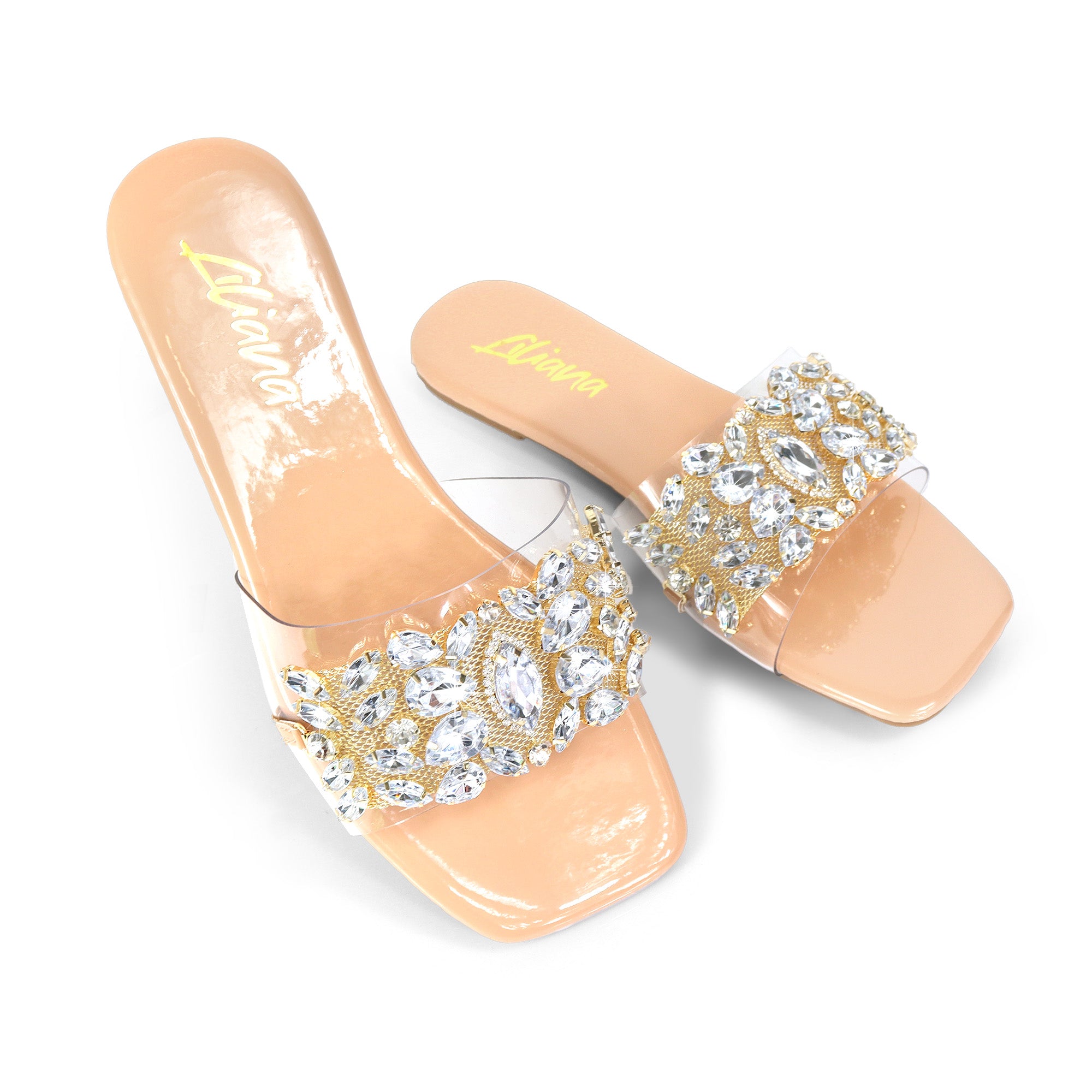 SHINEE-142 SQUARED TOE RHINSTONE SANDAL NUDE