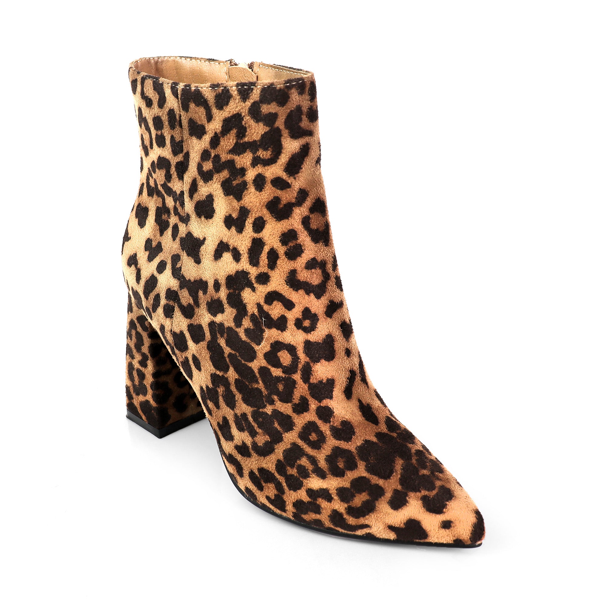 SIERRA-1 POINTED TOE ANKLE BOOT W/ TRAPEZOID HEEL LEOPARD