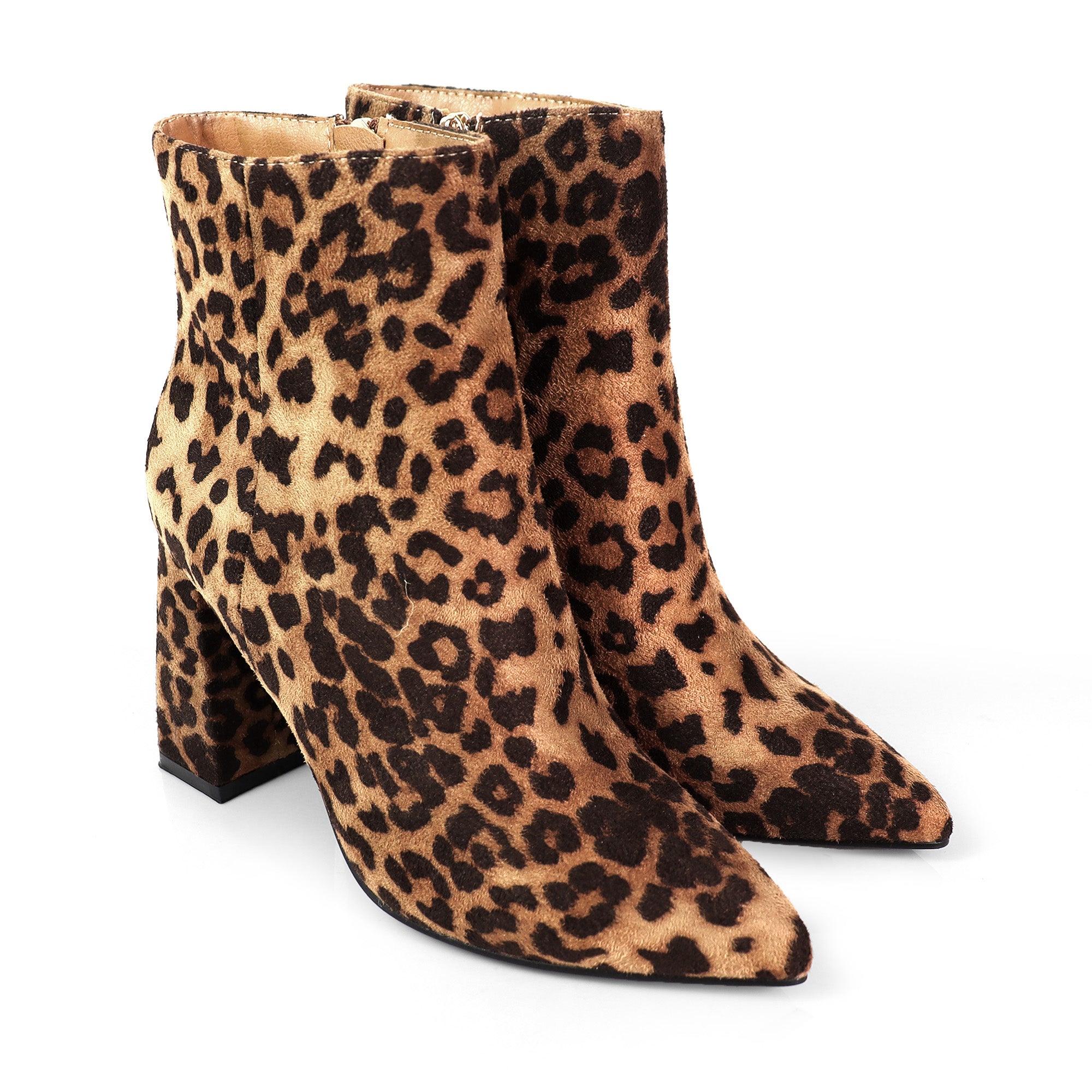 SIERRA-1 POINTED TOE ANKLE BOOT W/ TRAPEZOID HEEL LEOPARD
