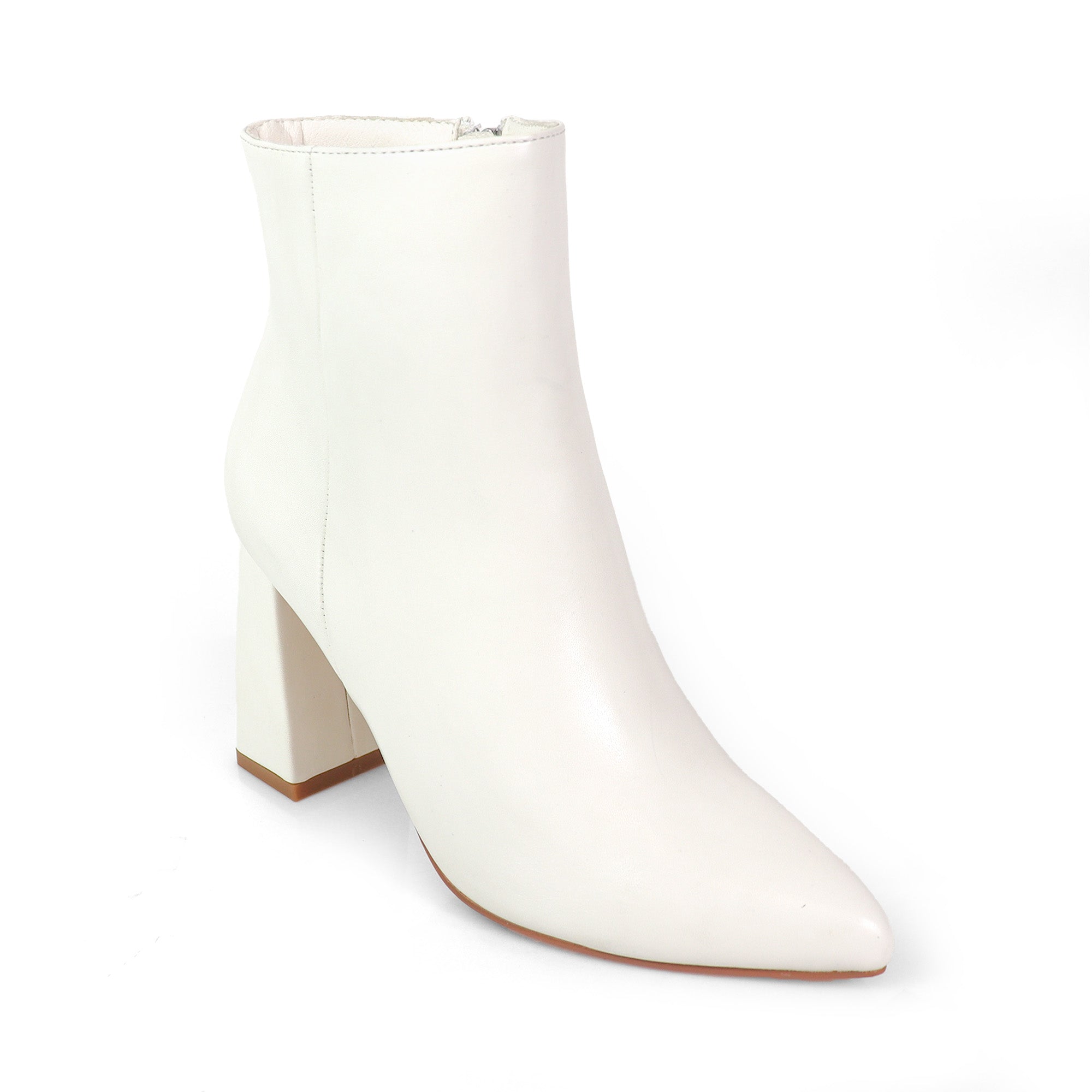 SIERRA-1 POINTED TOE ANKLE BOOT W/ TRAPEZOID HEEL WHITE