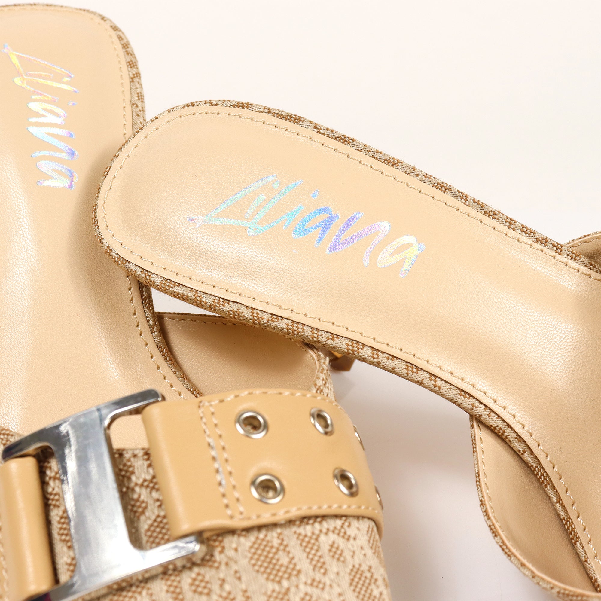 SILLA-22 POINTED TOE MID HEEL PUMP W/BELT BUCKLE BEIGE