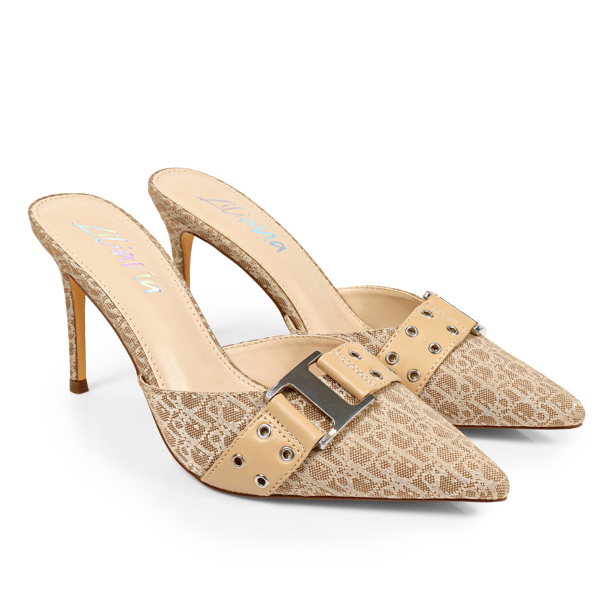 SILLA-22 POINTED TOE MID HEEL PUMP W/BELT BUCKLE BEIGE