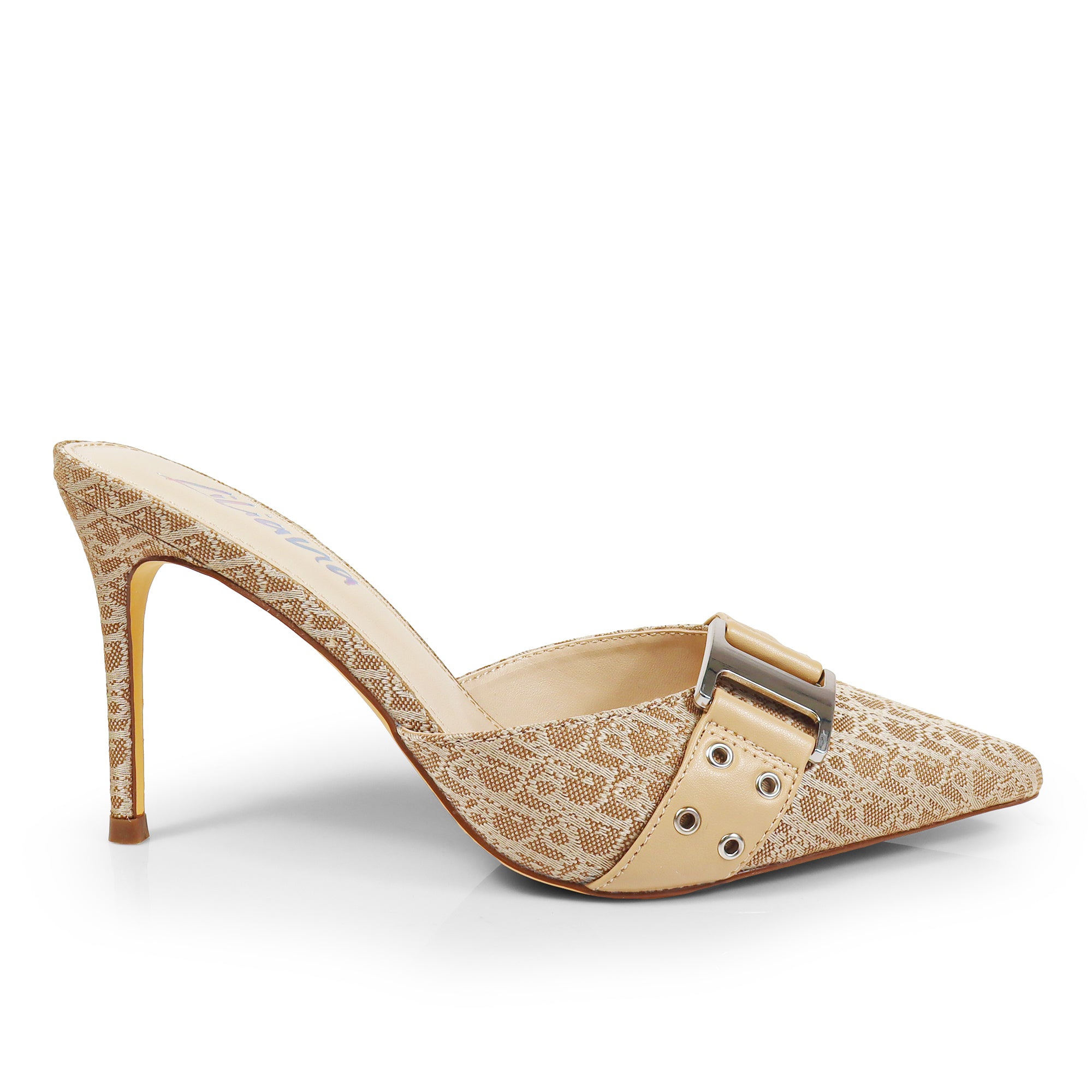 SILLA-22 POINTED TOE MID HEEL PUMP W/BELT BUCKLE BEIGE