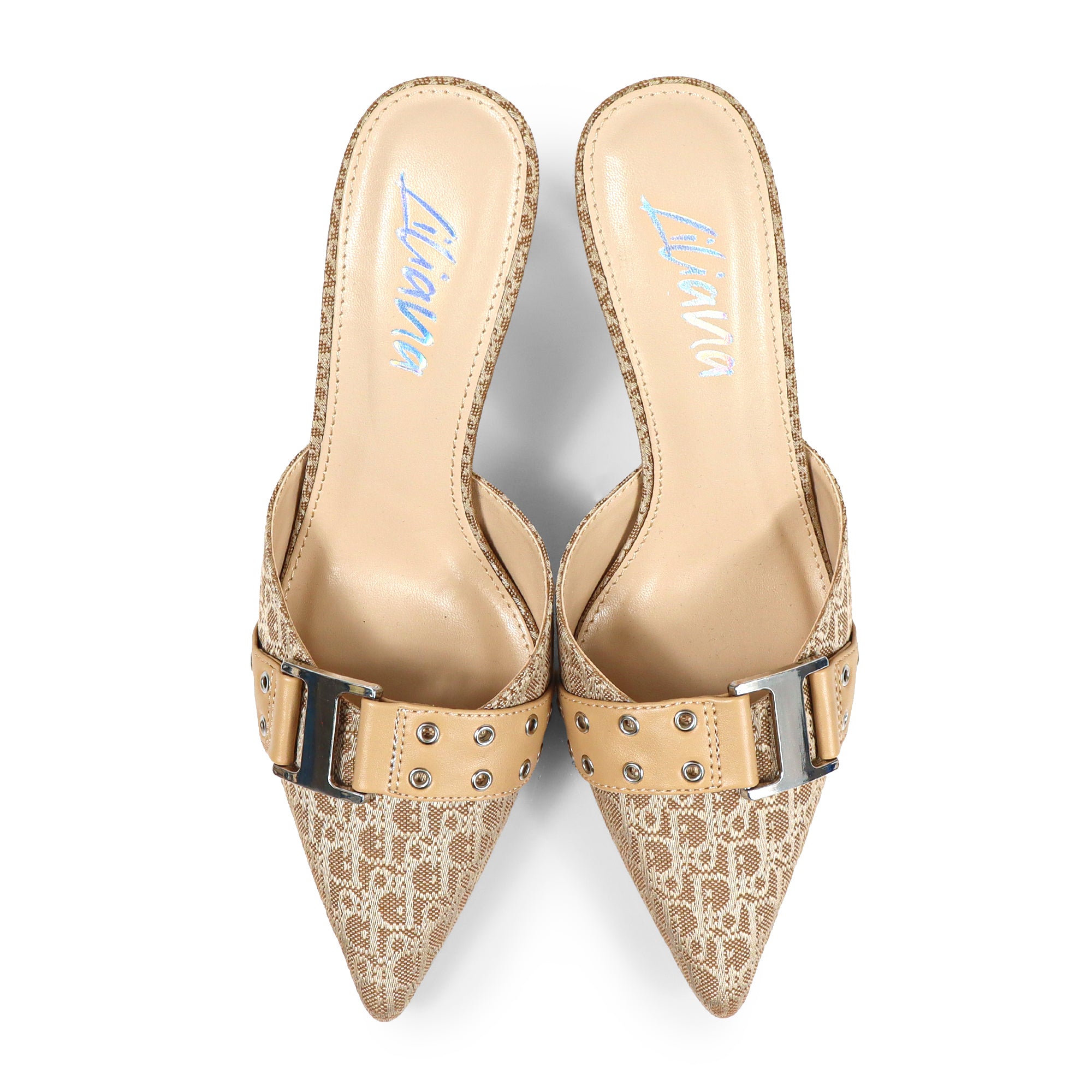 SILLA-22 POINTED TOE MID HEEL PUMP W/BELT BUCKLE BEIGE