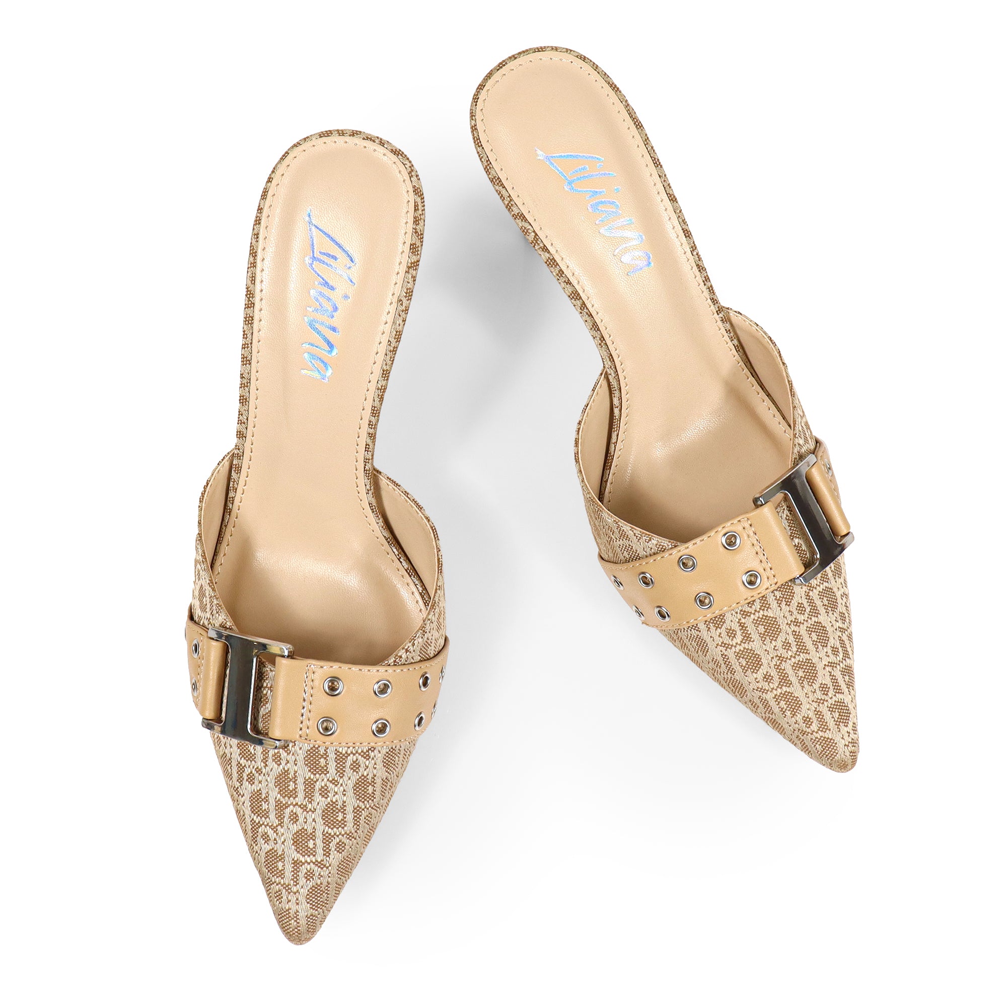 SILLA-22 POINTED TOE MID HEEL PUMP W/BELT BUCKLE BEIGE