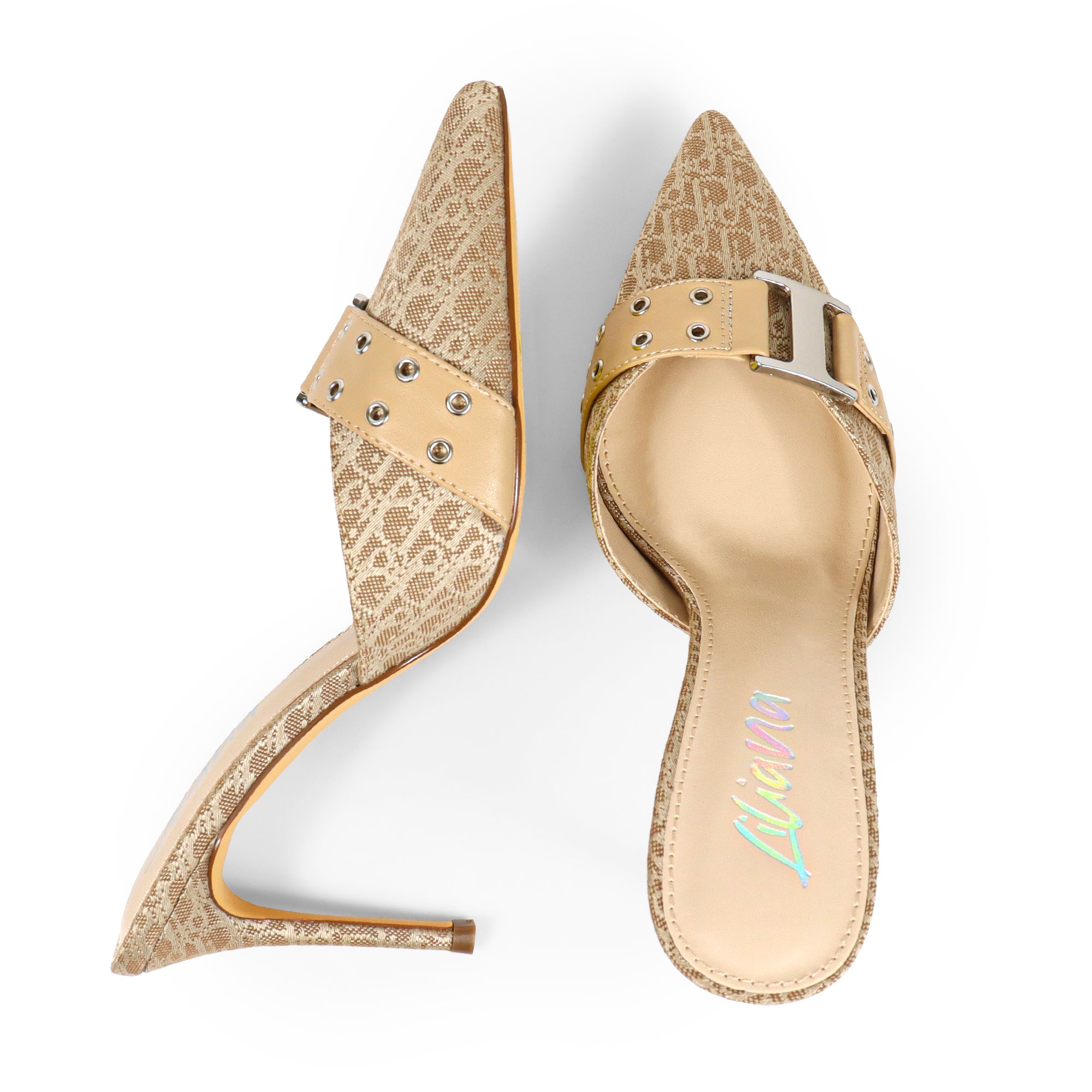 SILLA-22 POINTED TOE MID HEEL PUMP W/BELT BUCKLE BEIGE