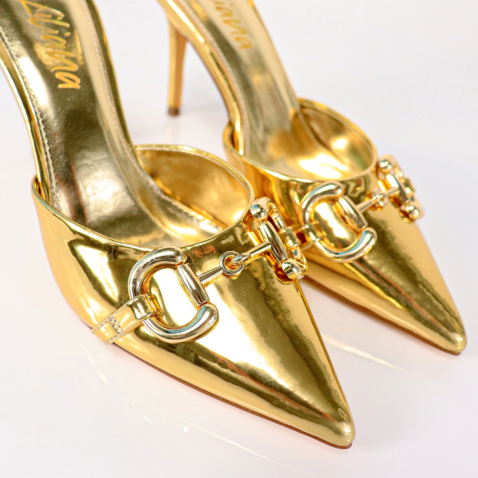 SILLA-9 POINTED TOE MID HEEL PUMP WITH BUCKLE-GOLD