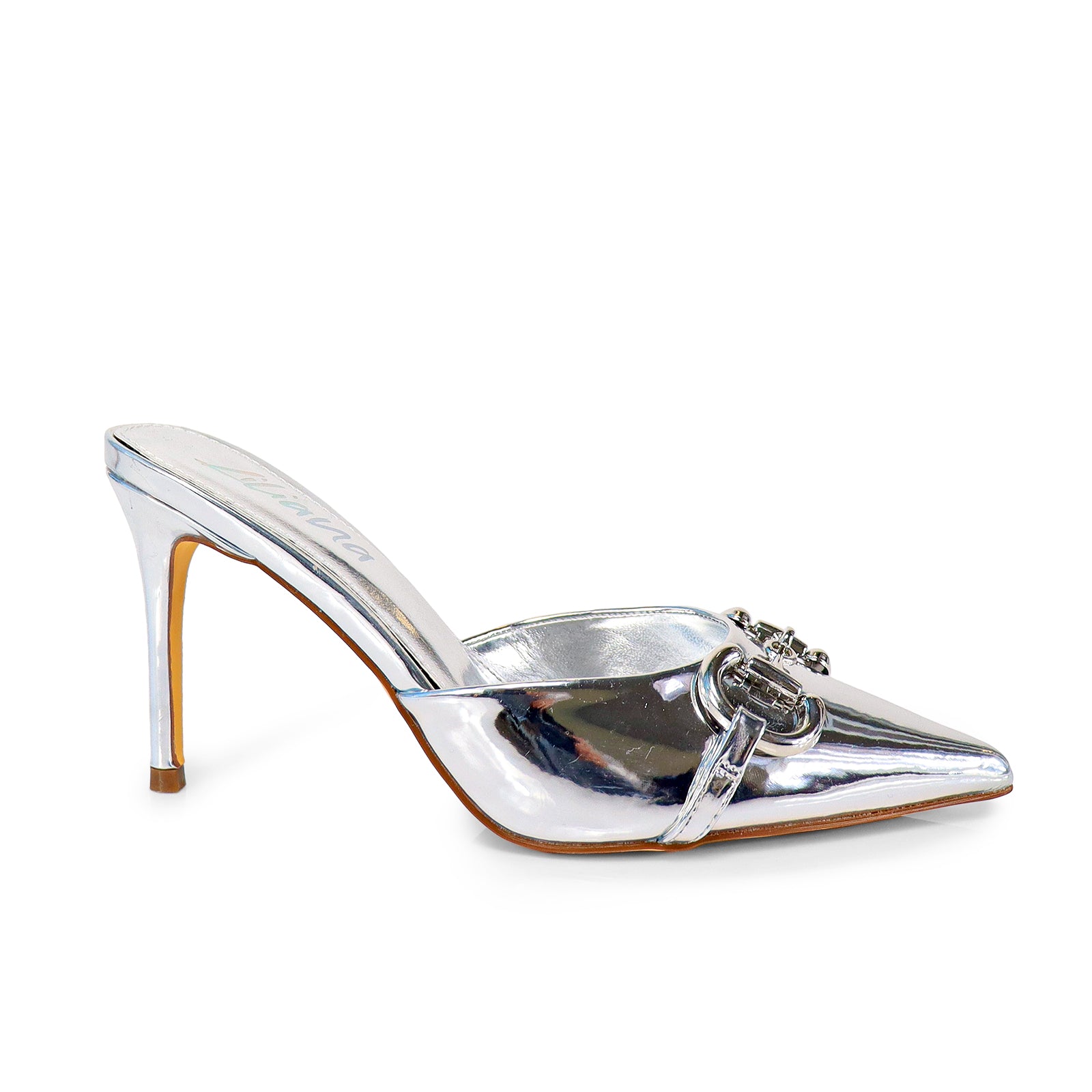 SILLA-9 POINTED TOE MID HEEL PUMP WITH BUCKLE-SILVER