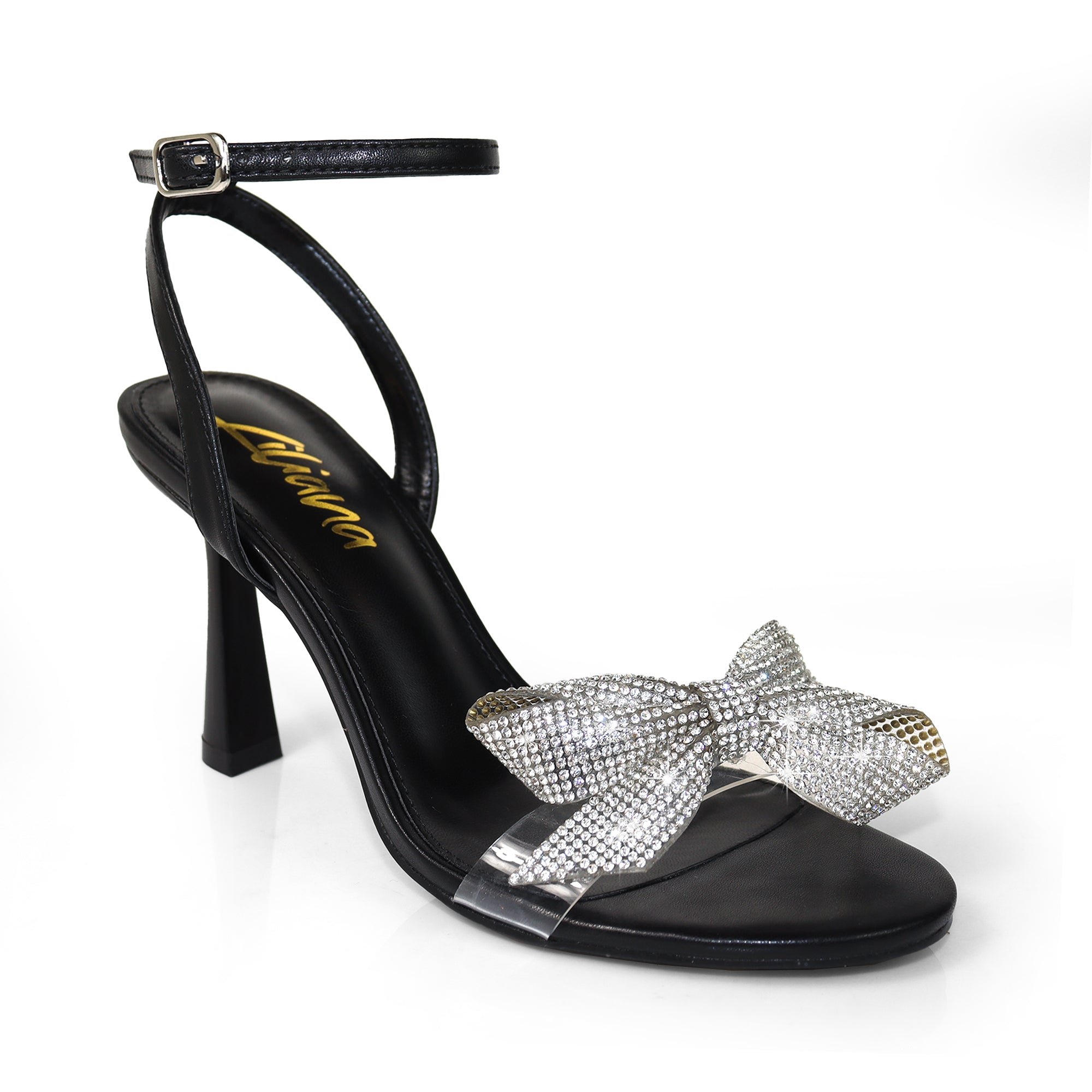 SOLSTICE-1 OPEN TOE RHINESTONE BOW ANKLE STRAP W/ HEEL BLACK