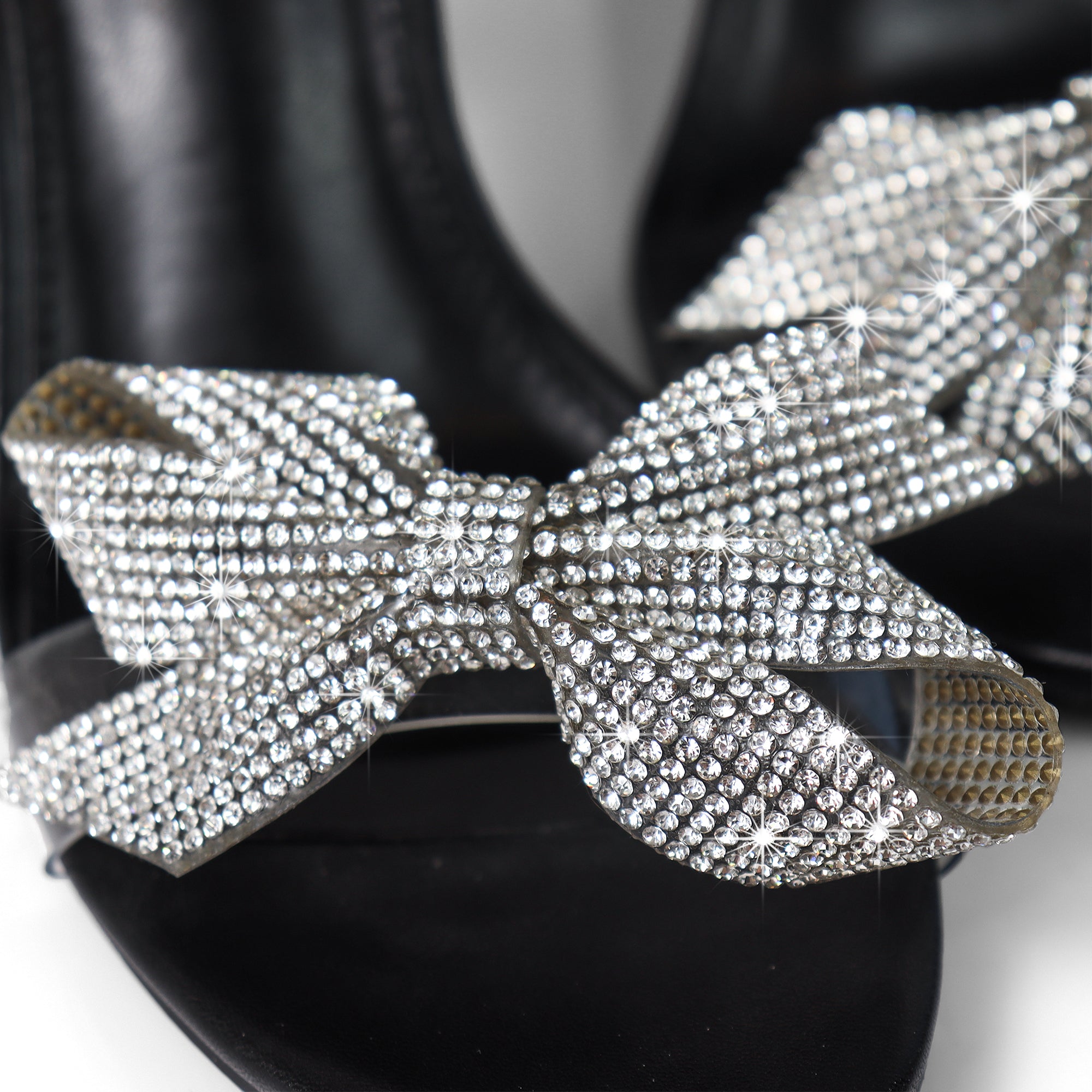 SOLSTICE-1 OPEN TOE RHINESTONE BOW ANKLE STRAP W/ HEEL BLACK