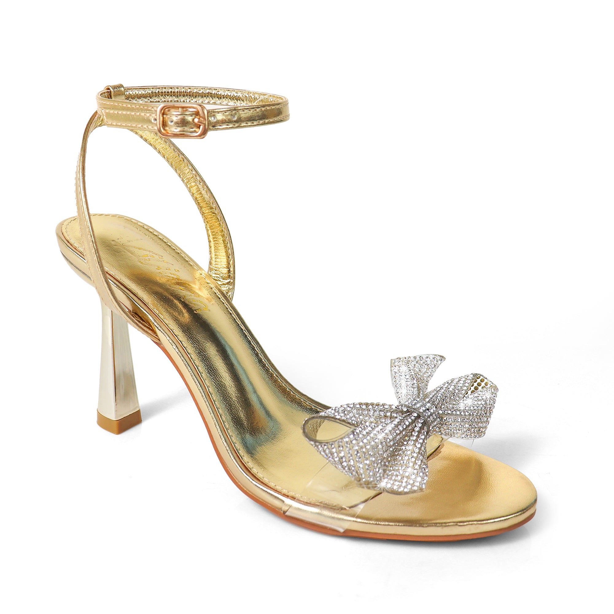 SOLSTICE-1 OPEN TOE RHINESTONE BOW ANKLE STRAP W/ HEEL GOLD