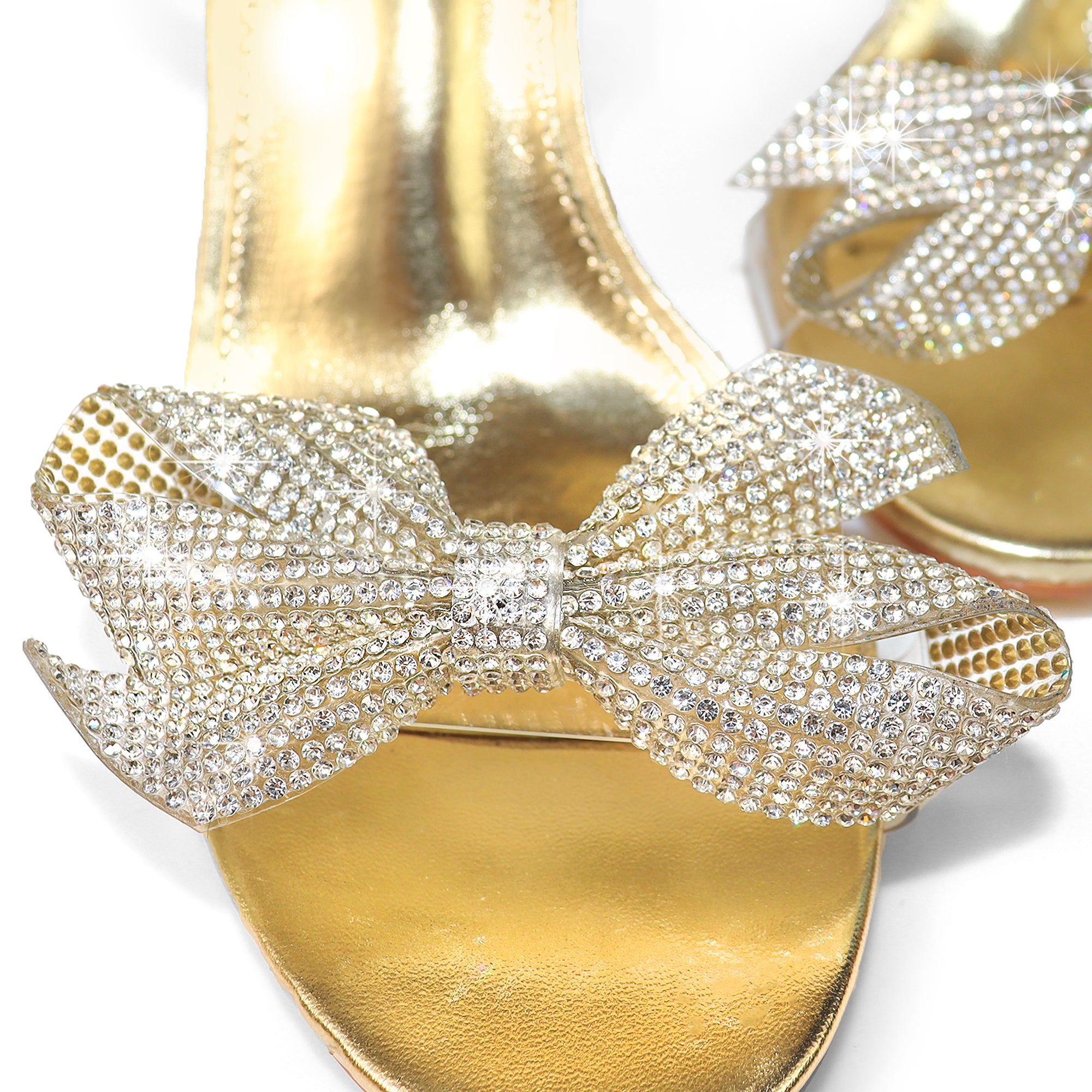 SOLSTICE-1 OPEN TOE RHINESTONE BOW ANKLE STRAP W/ HEEL GOLD