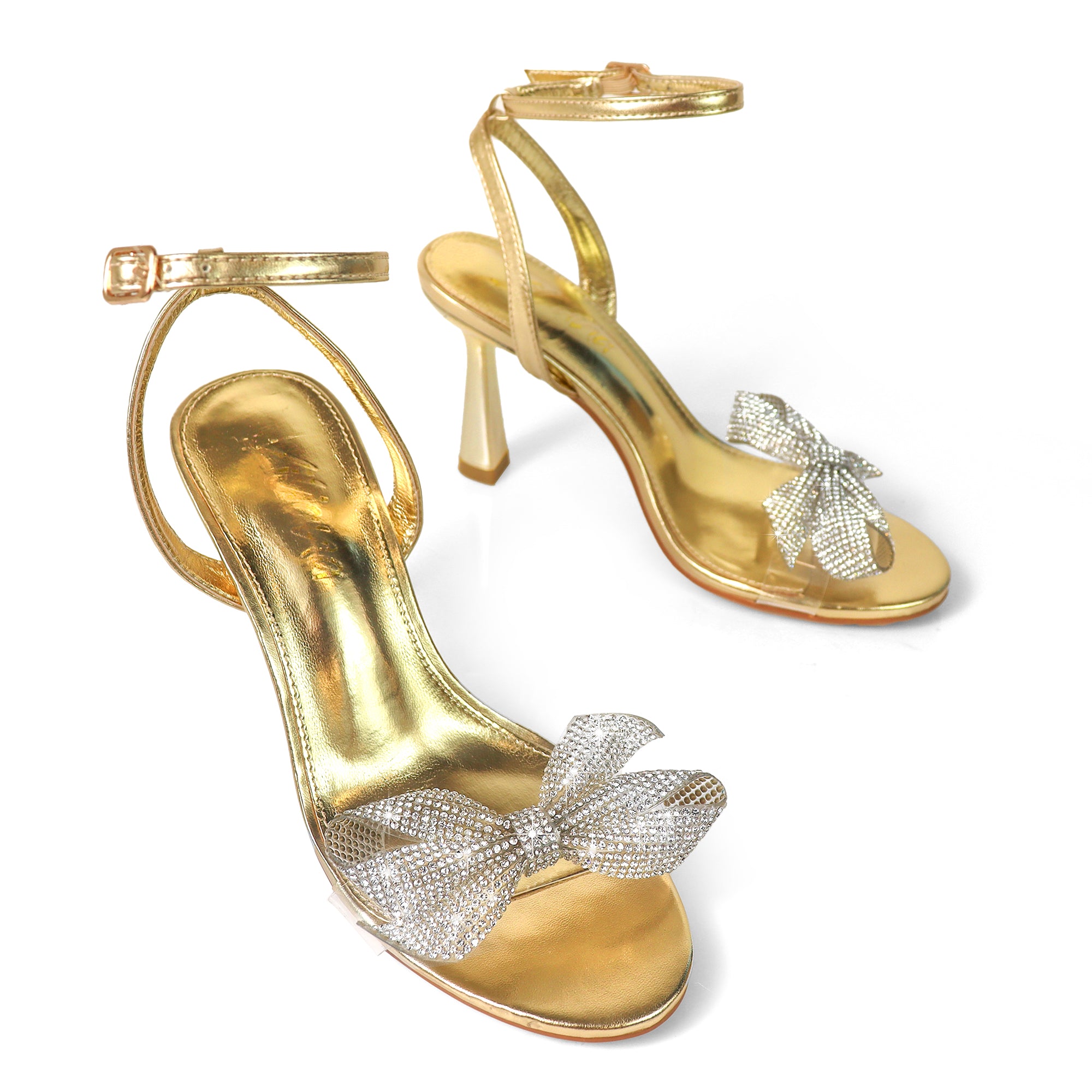 SOLSTICE-1 OPEN TOE RHINESTONE BOW ANKLE STRAP W/ HEEL GOLD