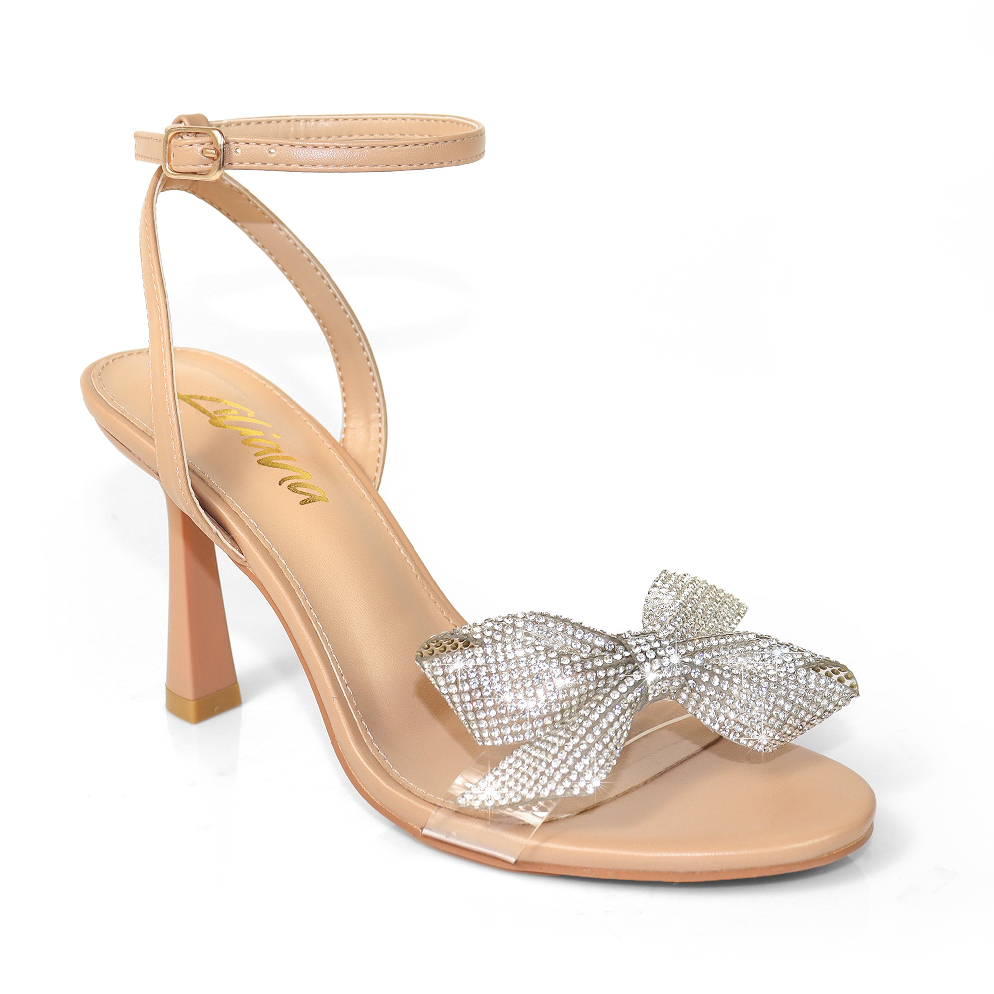 SOLSTICE-1 OPEN TOE RHINESTONE BOW ANKLE STRAP W/ HEEL NUDE
