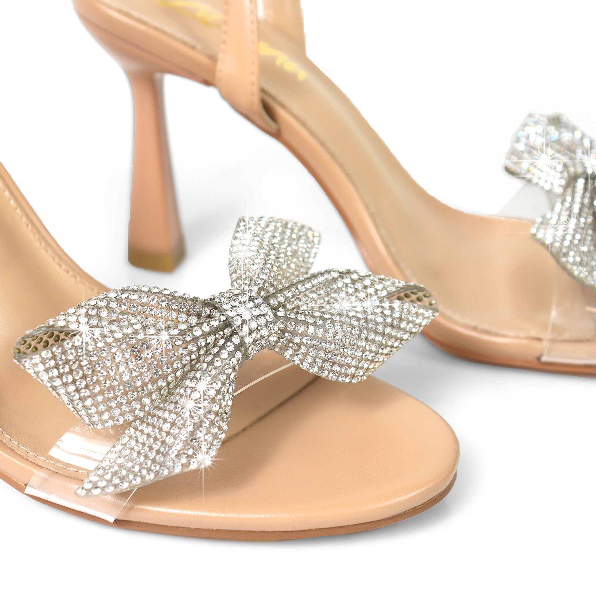 SOLSTICE-1 OPEN TOE RHINESTONE BOW ANKLE STRAP W/ HEEL NUDE