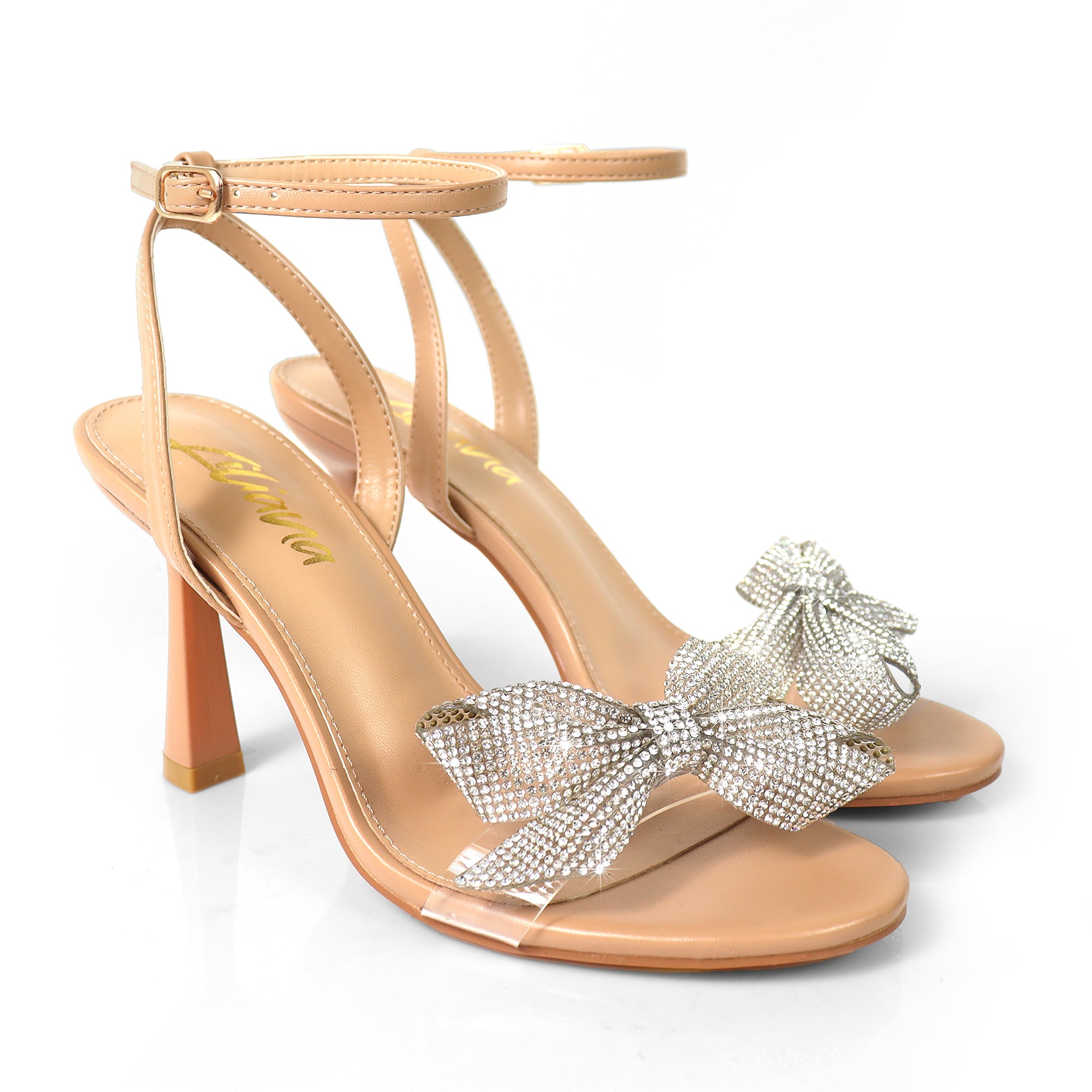 SOLSTICE-1 OPEN TOE RHINESTONE BOW ANKLE STRAP W/ HEEL NUDE