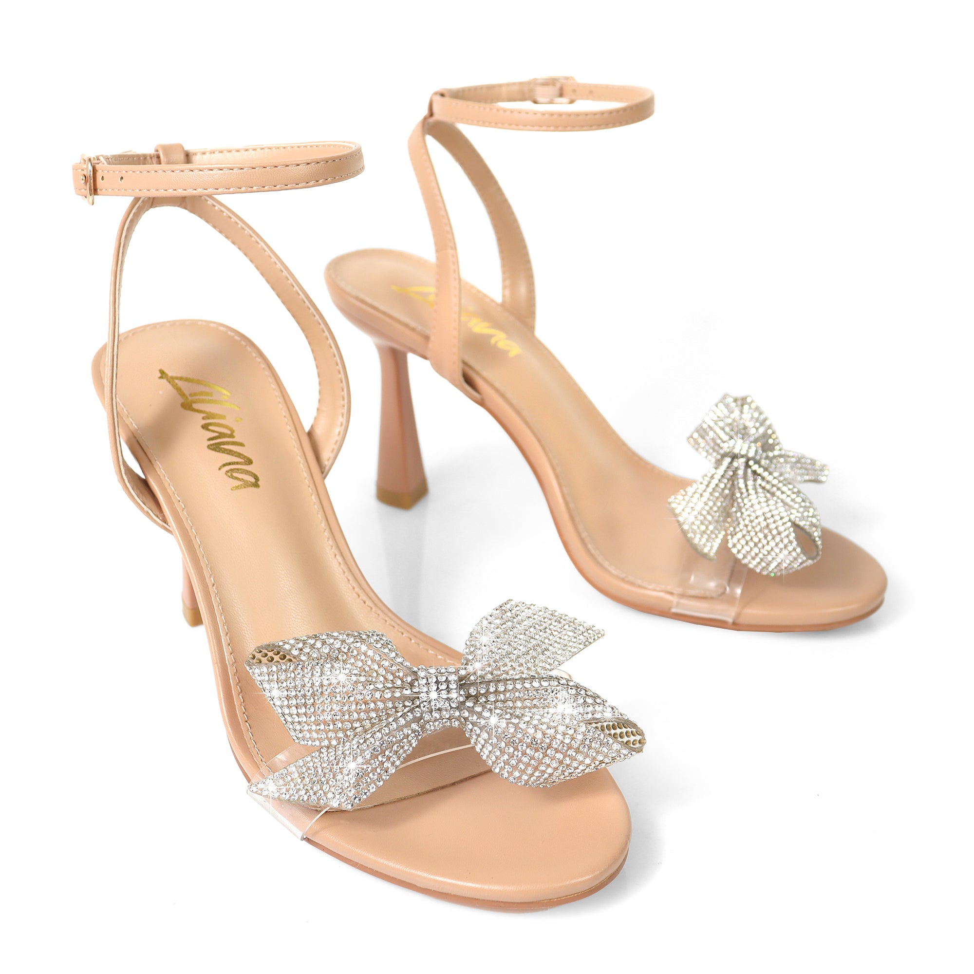 SOLSTICE-1 OPEN TOE RHINESTONE BOW ANKLE STRAP W/ HEEL NUDE