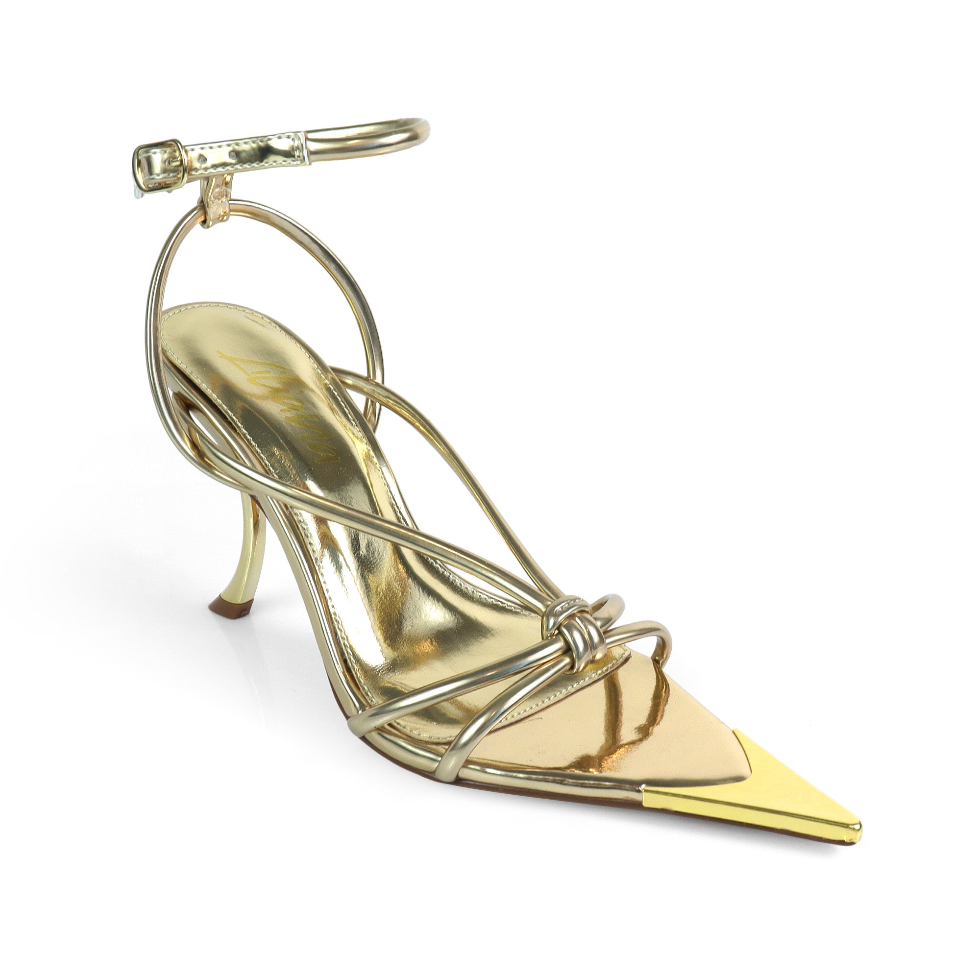 STUZZY-2 POINTED TOE STRAPPY W/ CURVE HEEL GOLD