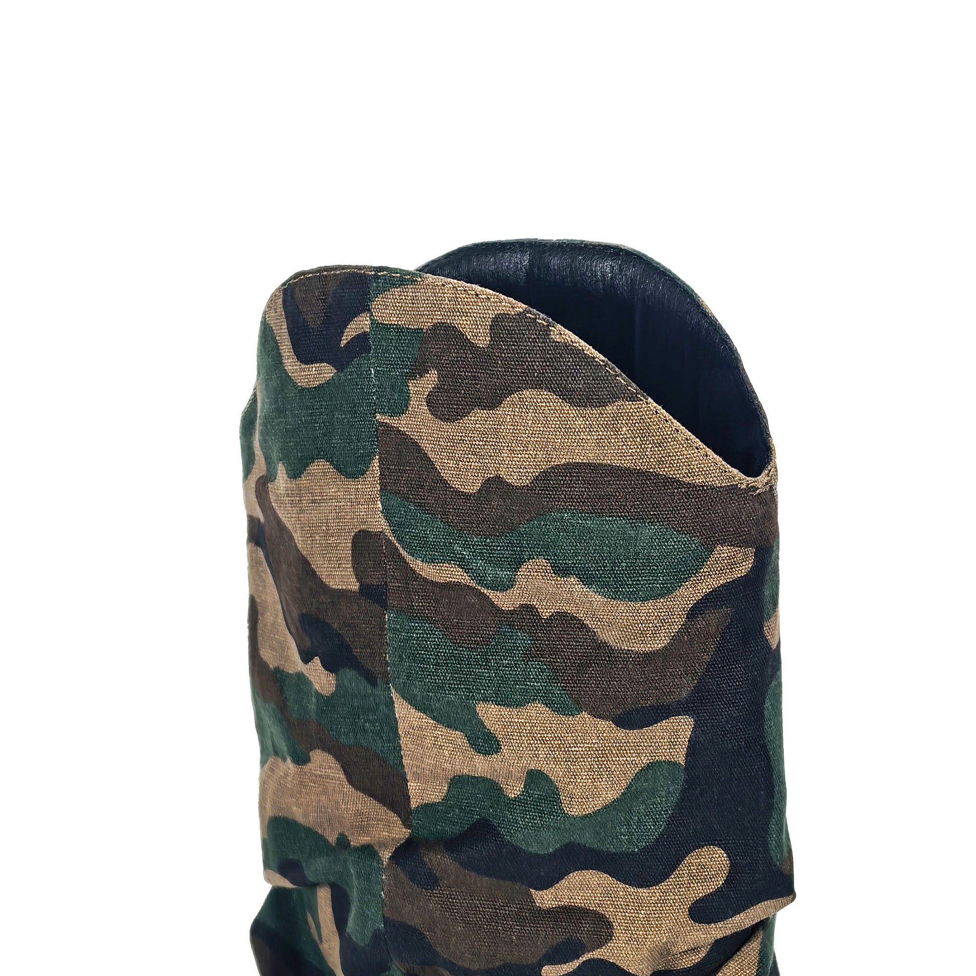 TAYLOR-1 OPEN TOE KNEE HEIGHT SANAL W/ HEEL, CAMO