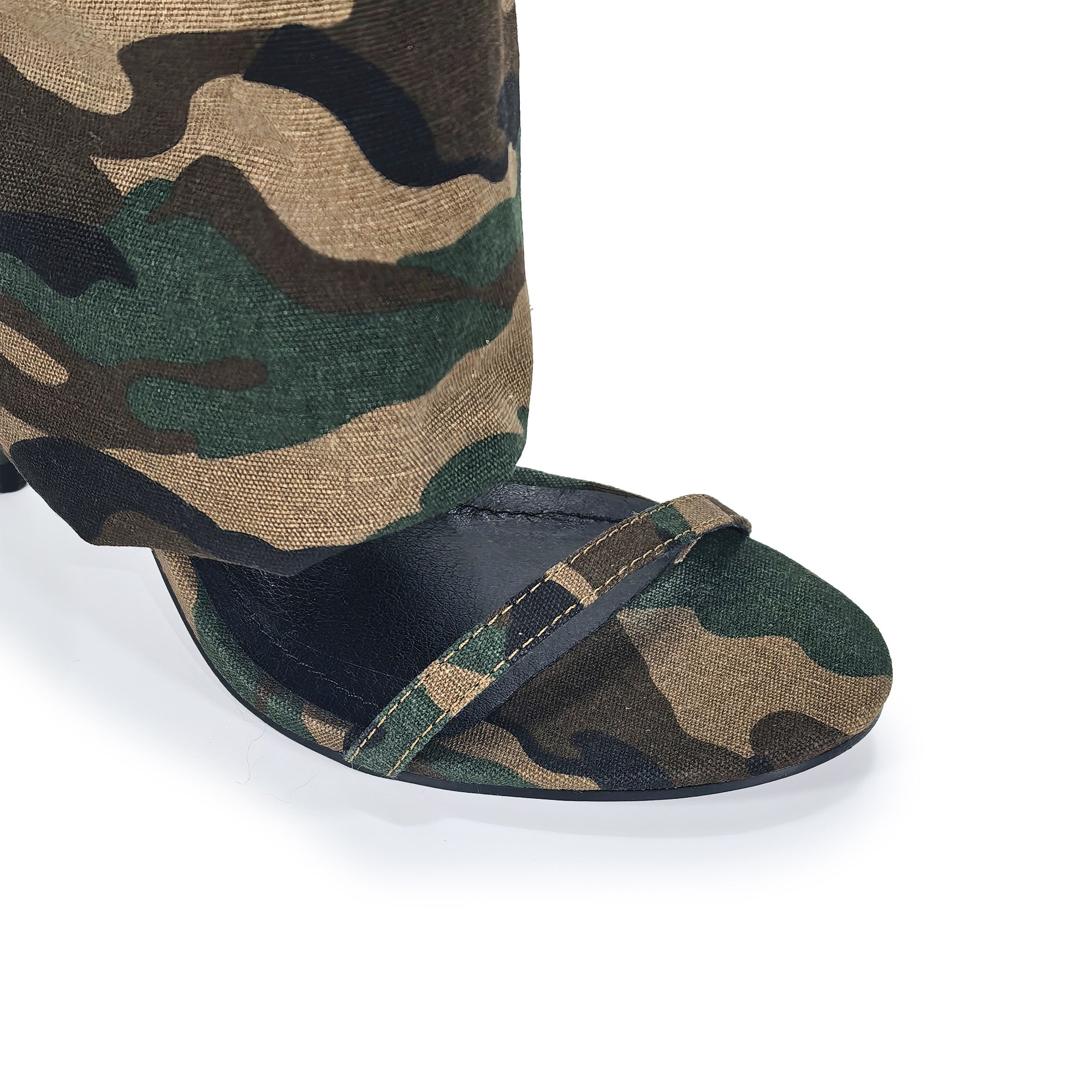 TAYLOR-1 OPEN TOE KNEE HEIGHT SANAL W/ HEEL, CAMO