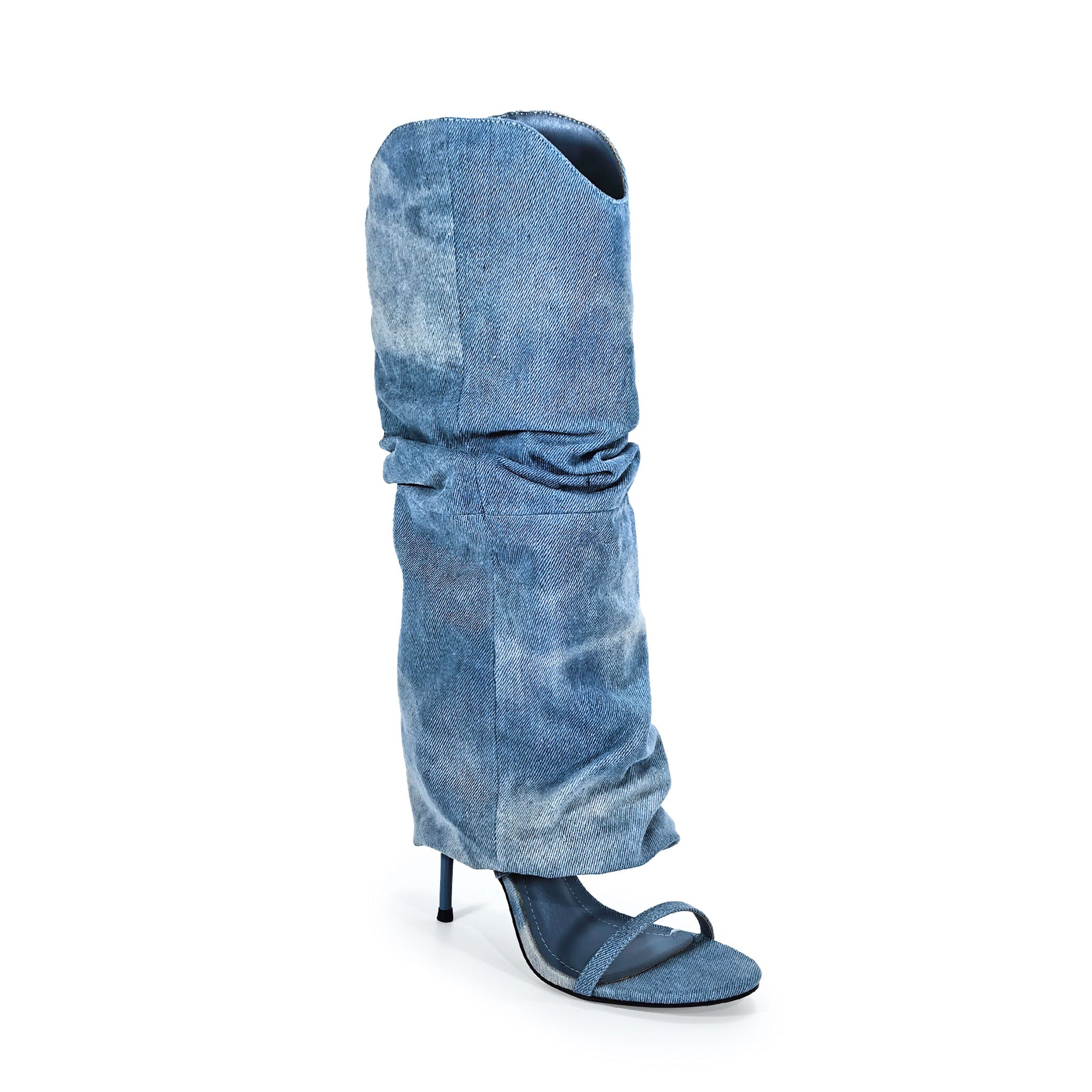TAYLOR-1 OPEN TOE KNEE HEIGHT SANAL W/ HEEL, DENIM