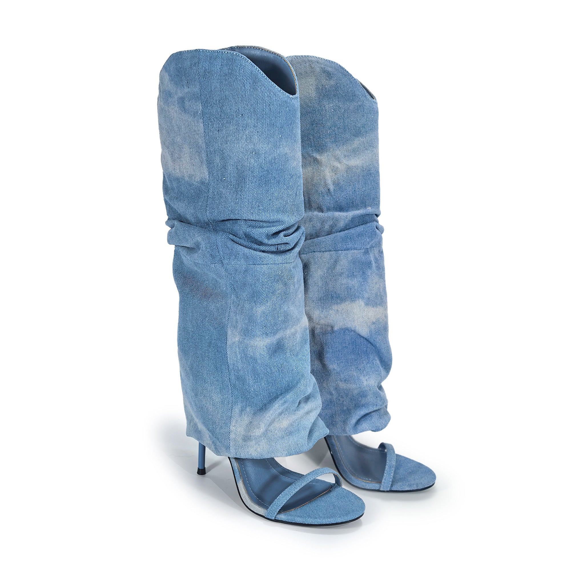 TAYLOR-1 OPEN TOE KNEE HEIGHT SANAL W/ HEEL, DENIM