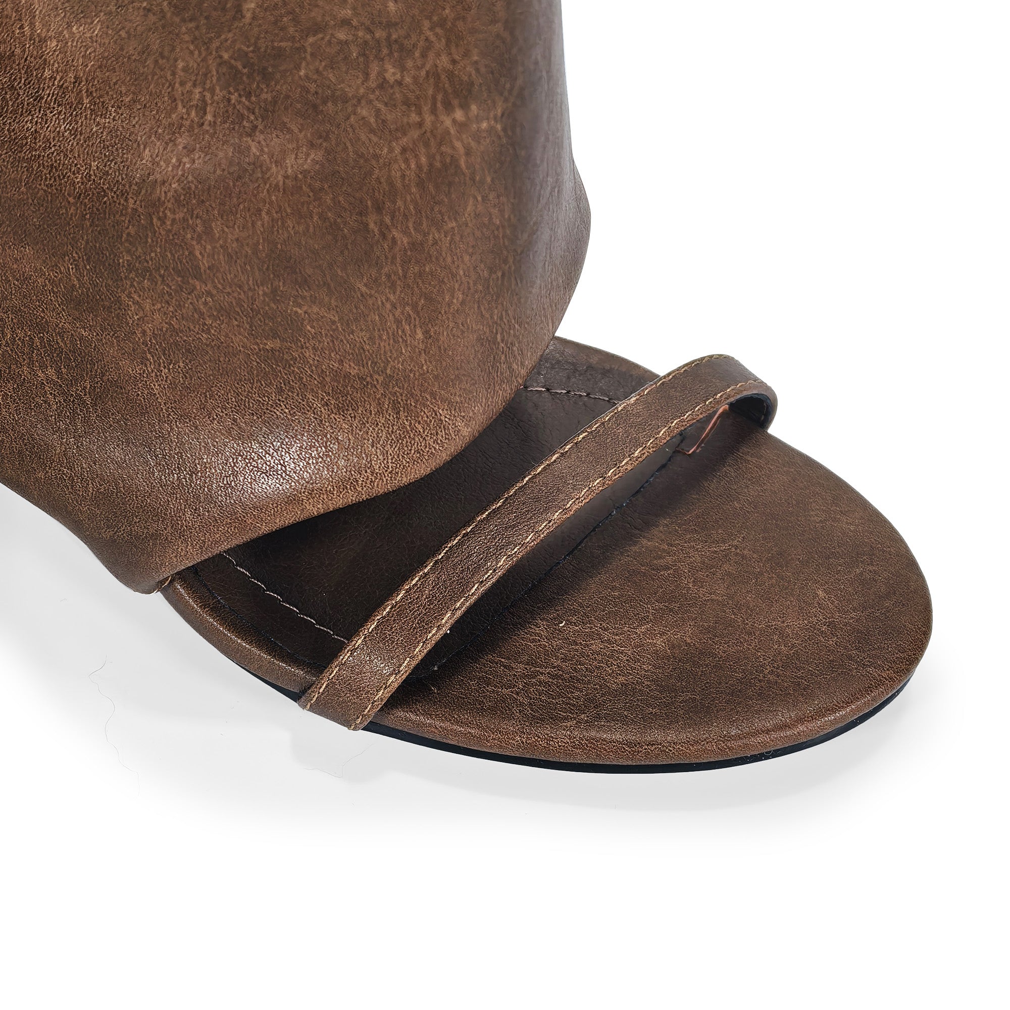 TAYLOR-1 OPEN TOE KNEE HEIGHT SANAL W/ HEEL, WASHED BROWN