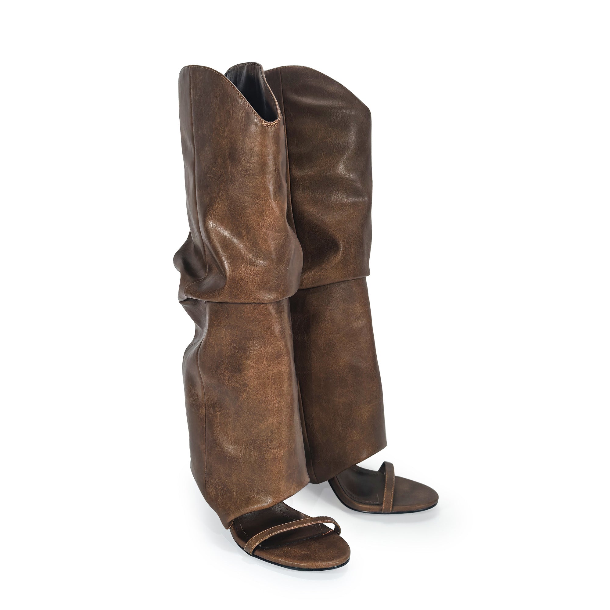 TAYLOR-1 OPEN TOE KNEE HEIGHT SANAL W/ HEEL, WASHED BROWN