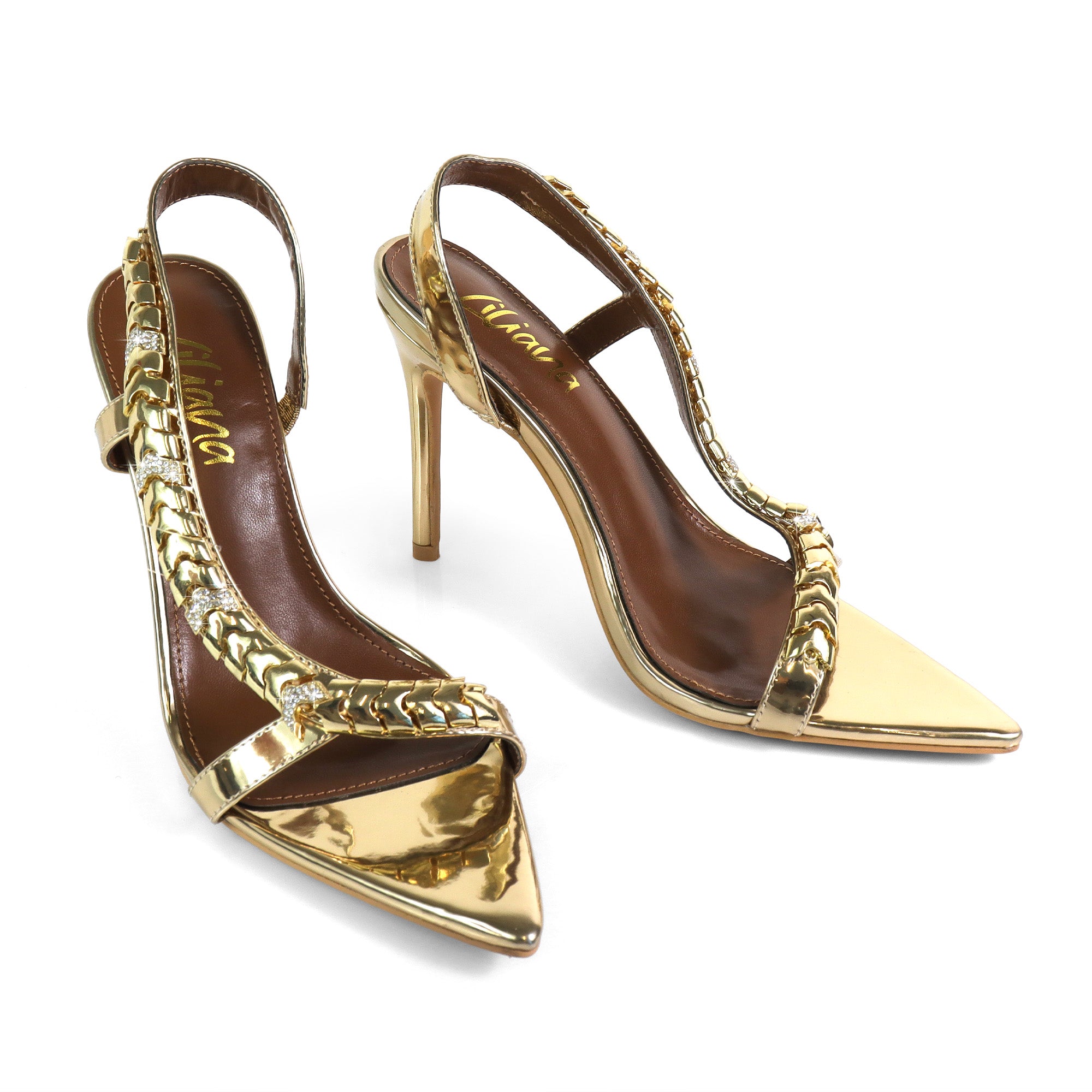 TEHILA-1 POINTED TOE METAL STRAP SLINGBACK W/ HEEL GOLD