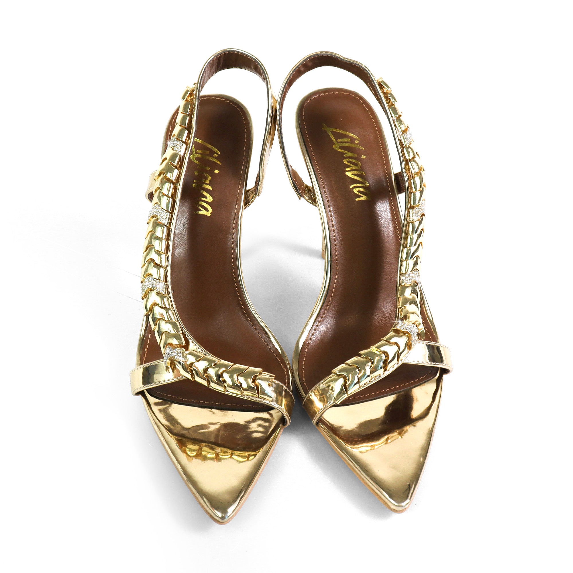 TEHILA-1 POINTED TOE METAL STRAP SLINGBACK W/ HEEL GOLD