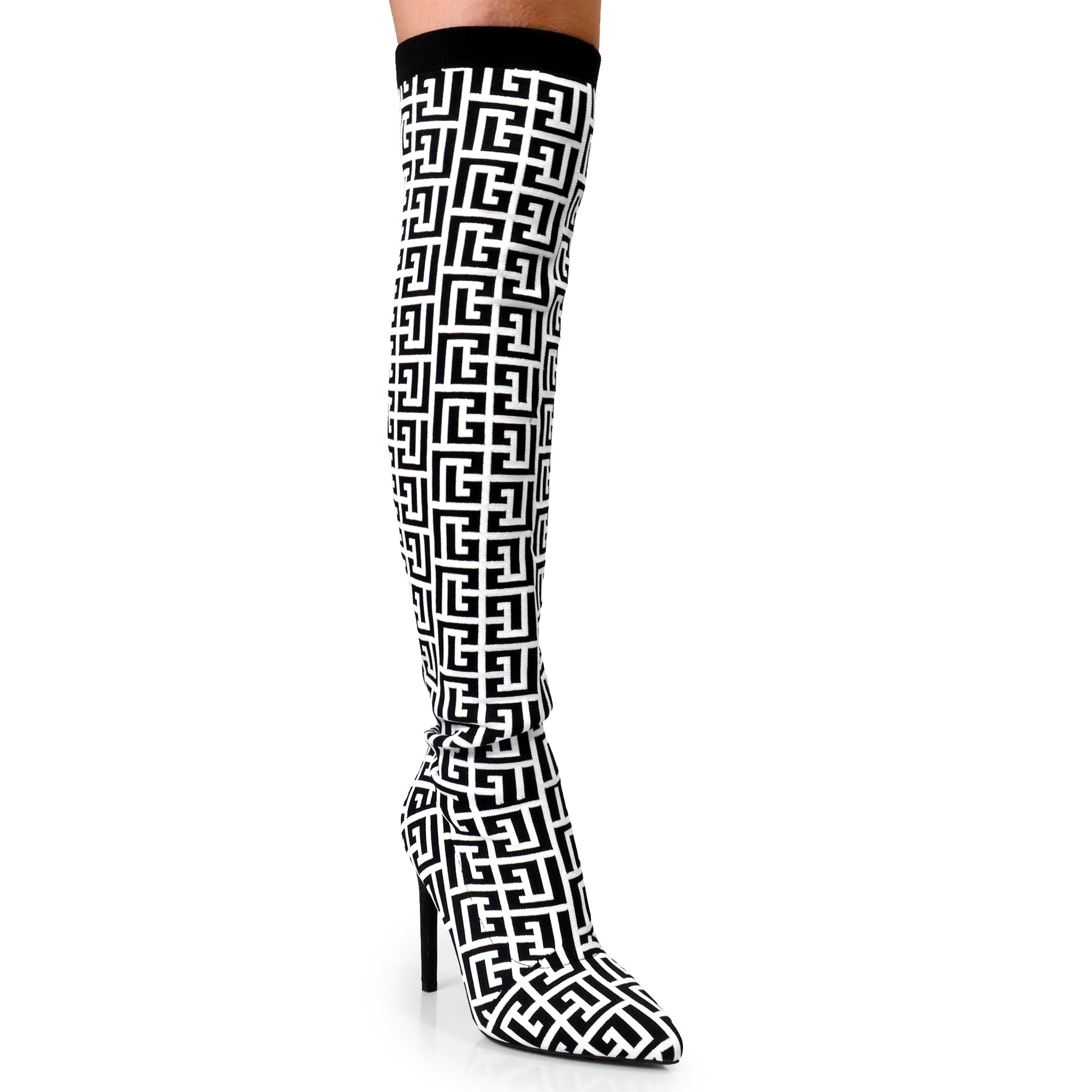 THALIA-1 MONOGRAM-KNIT OVERKNEE BOOT W/HEEL Black/White