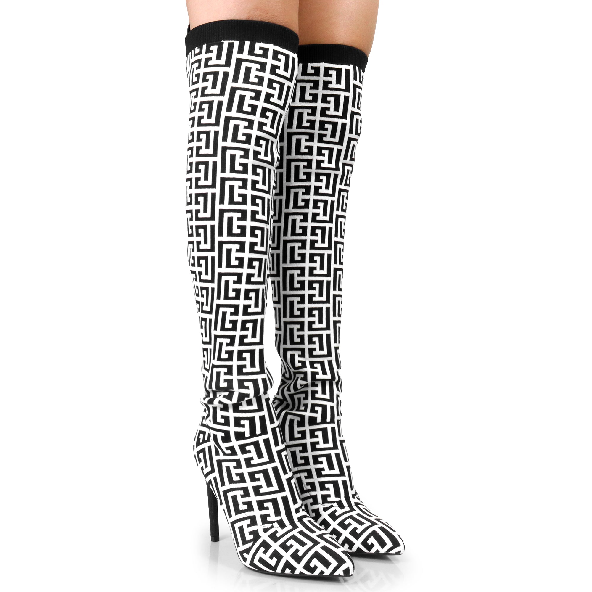 THALIA-1 MONOGRAM-KNIT OVERKNEE BOOT W/HEEL Black/White